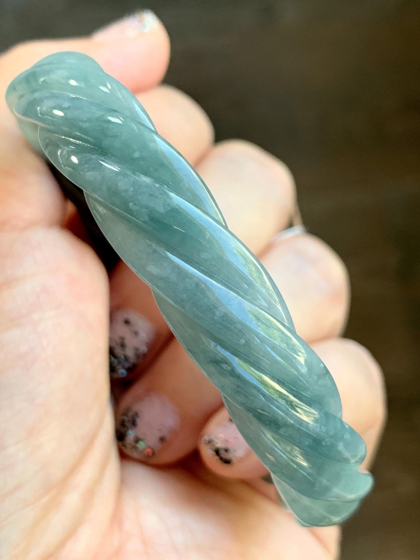 Certified Natural Grade A Guatemalan Icy Translucent Dark Dusty Blue Jade Jadeite Carved Braid Bangle 62mm 7.66” 33g 天然冰危暗蓝翡翠麻花手镯 084