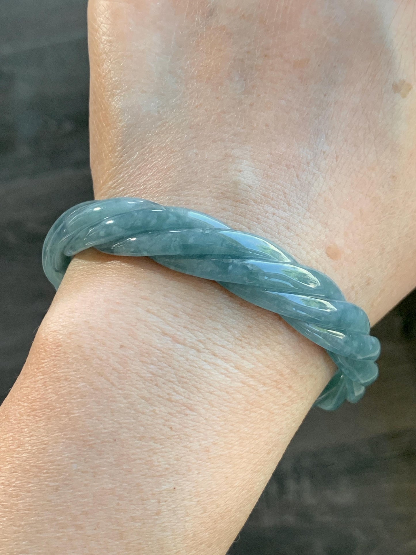 Certified Natural Grade A Guatemalan Icy Translucent Dark Dusty Blue Jade Jadeite Carved Braid Bangle 62mm 7.66” 33g 天然冰危暗蓝翡翠麻花手镯 084