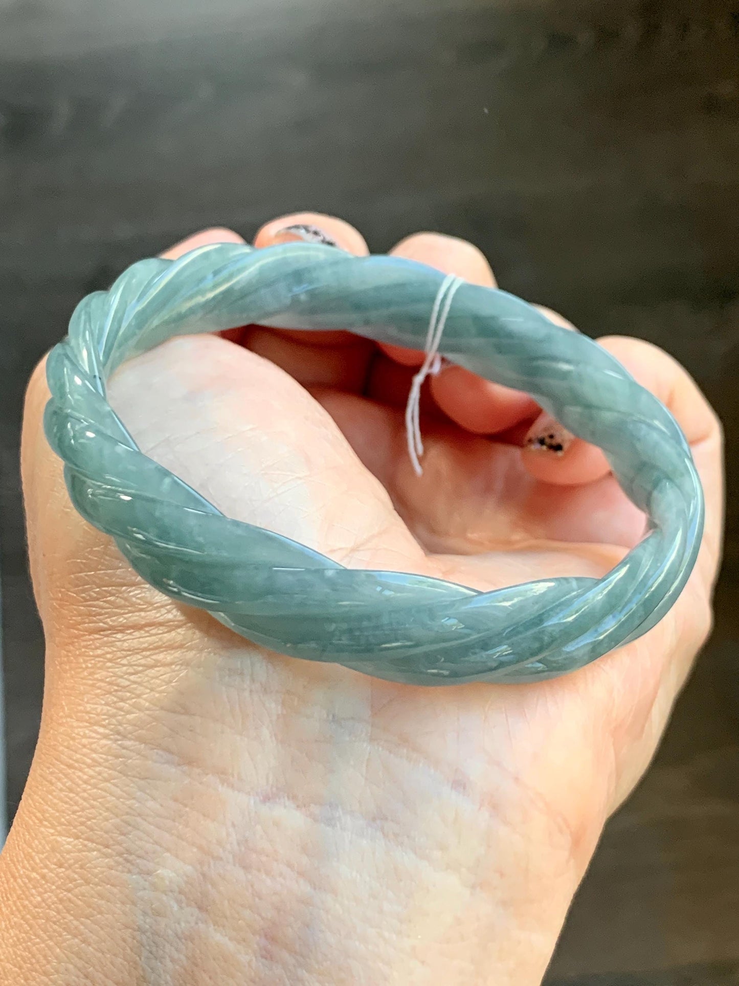 Certified Natural Grade A Guatemalan Icy Translucent Dark Dusty Blue Jade Jadeite Carved Braid Bangle 62mm 7.66” 33g 天然冰危暗蓝翡翠麻花手镯 084