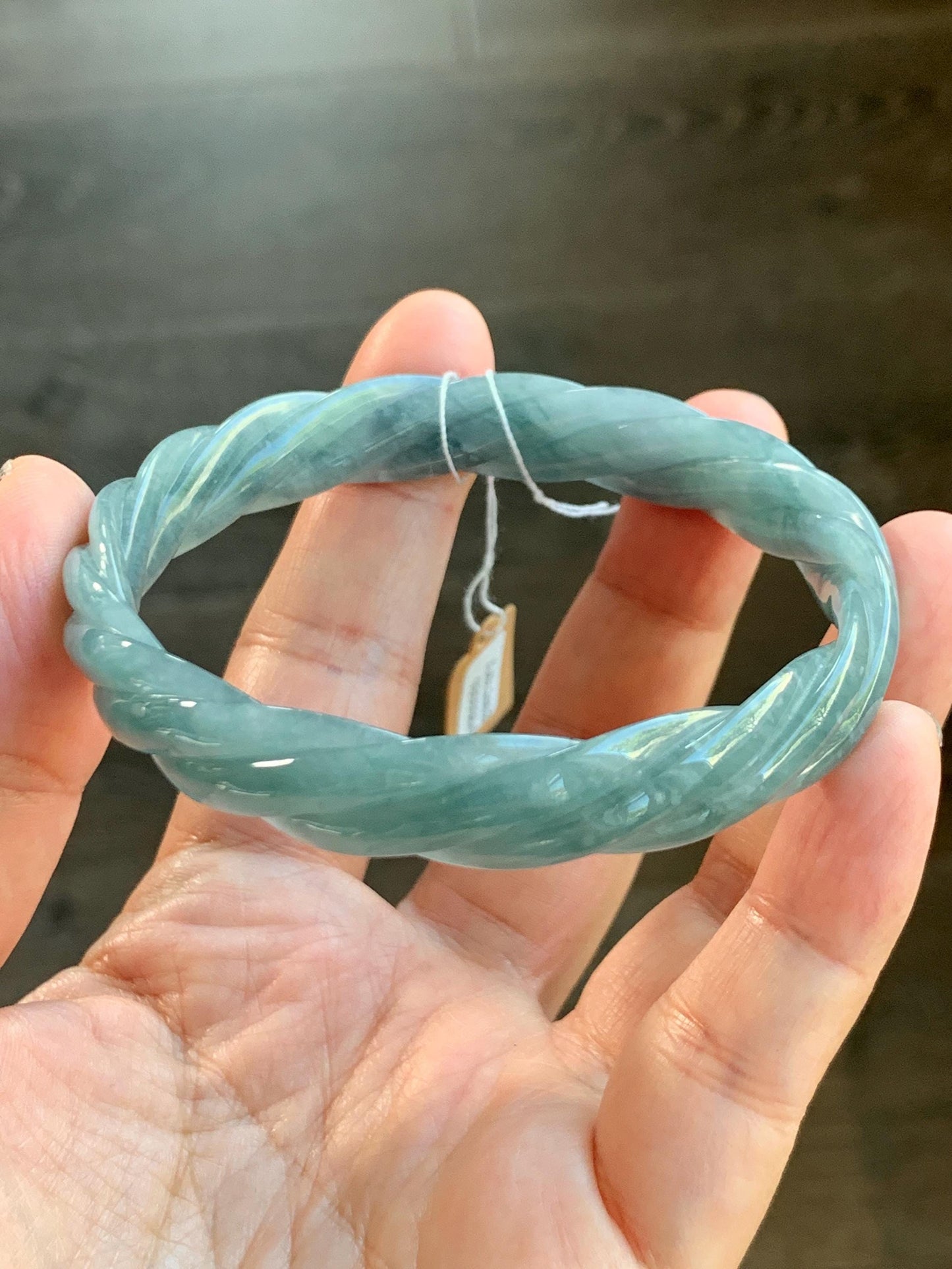Certified Natural Grade A Guatemalan Icy Translucent Dark Dusty Blue Jade Jadeite Carved Braid Bangle 62mm 7.66” 33g 天然冰危暗蓝翡翠麻花手镯 084