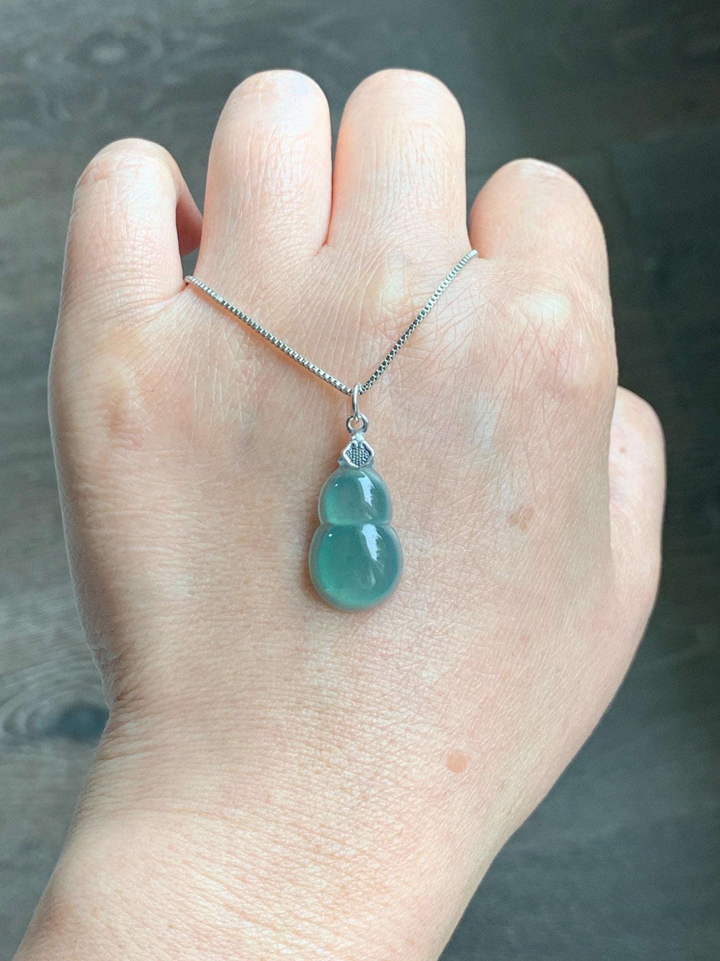 Natural Grade A Guatemalan Icy Translucent Teal Green Jade Jadeite Gourd Hulu Pendant Sterling Silver 3g 天然冰危蓝绿翡翠葫芦吊坠 WHG110A