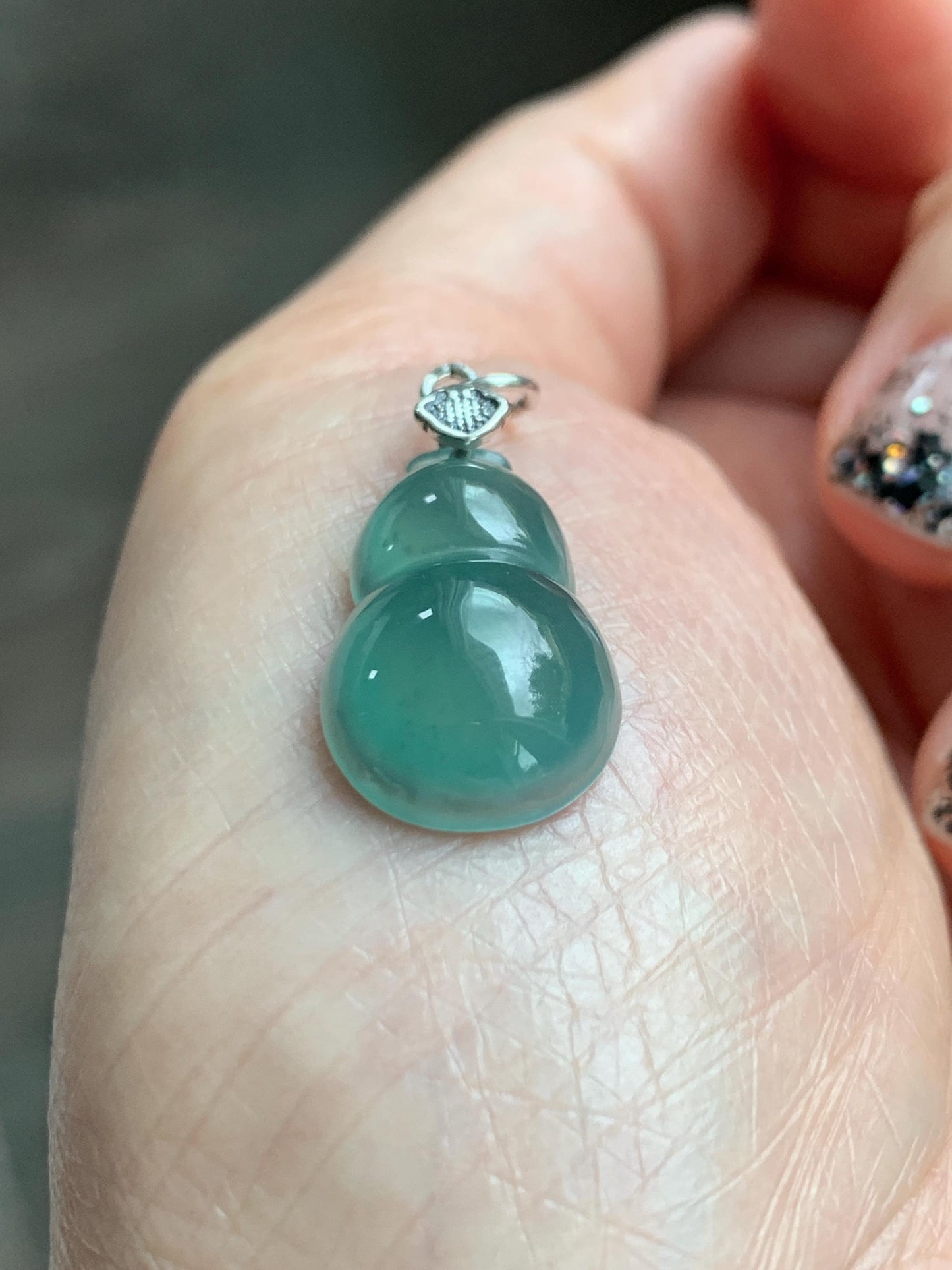 Natural Grade A Guatemalan Icy Translucent Teal Green Jade Jadeite Gourd Hulu Pendant Sterling Silver 3g 天然冰危蓝绿翡翠葫芦吊坠 WHG110A