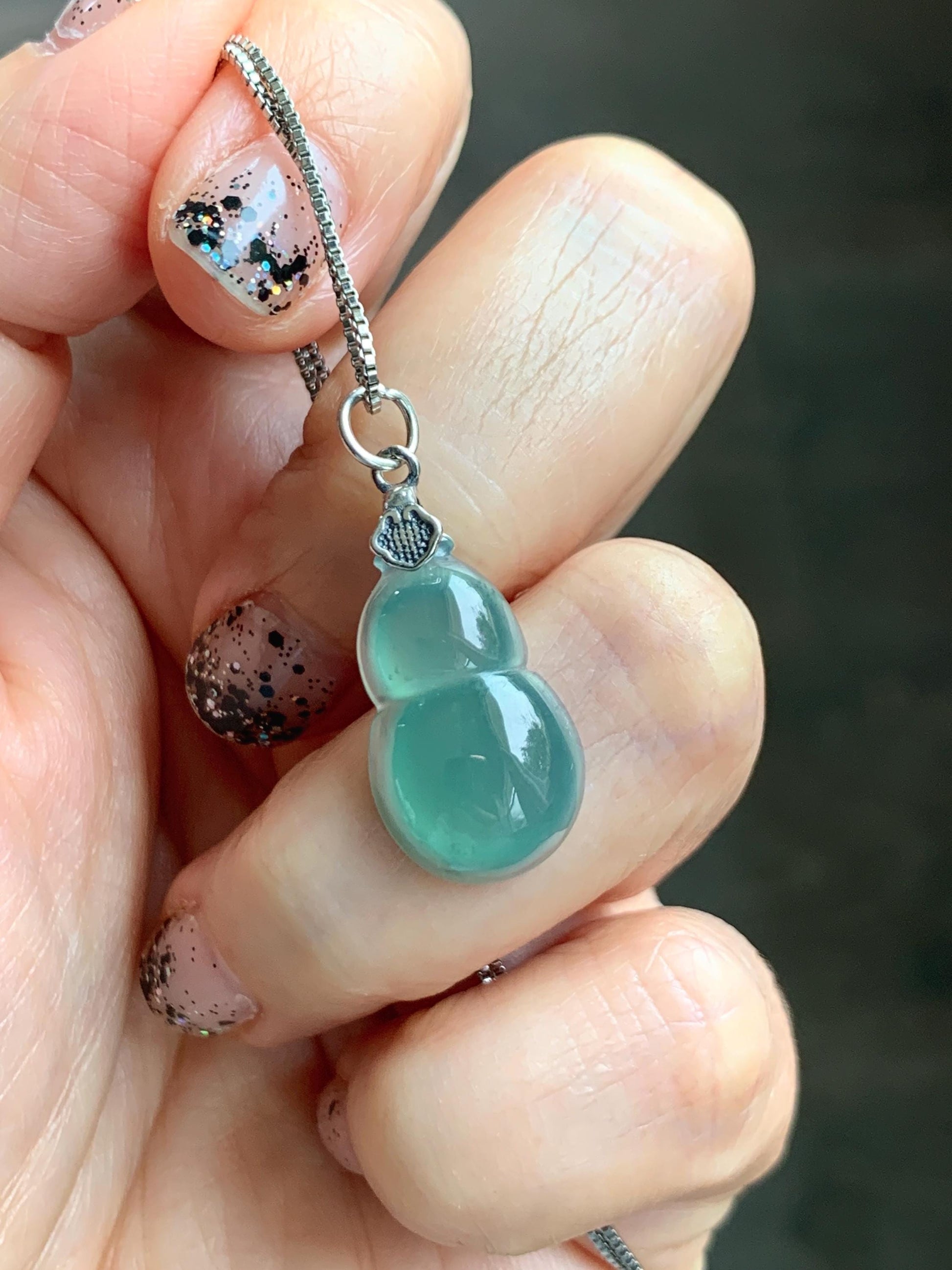 Natural Grade A Guatemalan Icy Translucent Teal Green Jade Jadeite Gourd Hulu Pendant Sterling Silver 3g 天然冰危蓝绿翡翠葫芦吊坠 WHG110A