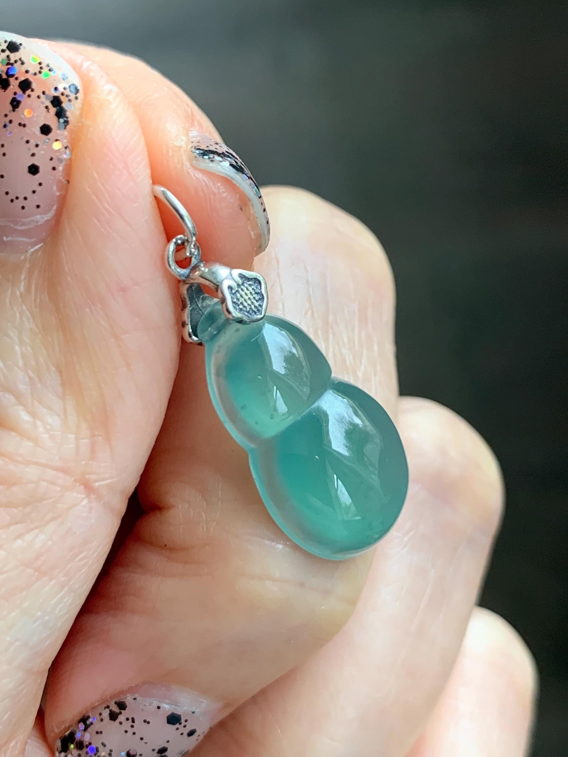 Natural Grade A Guatemalan Icy Translucent Teal Green Jade Jadeite Gourd Hulu Pendant Sterling Silver 3g 天然冰危蓝绿翡翠葫芦吊坠 WHG110A