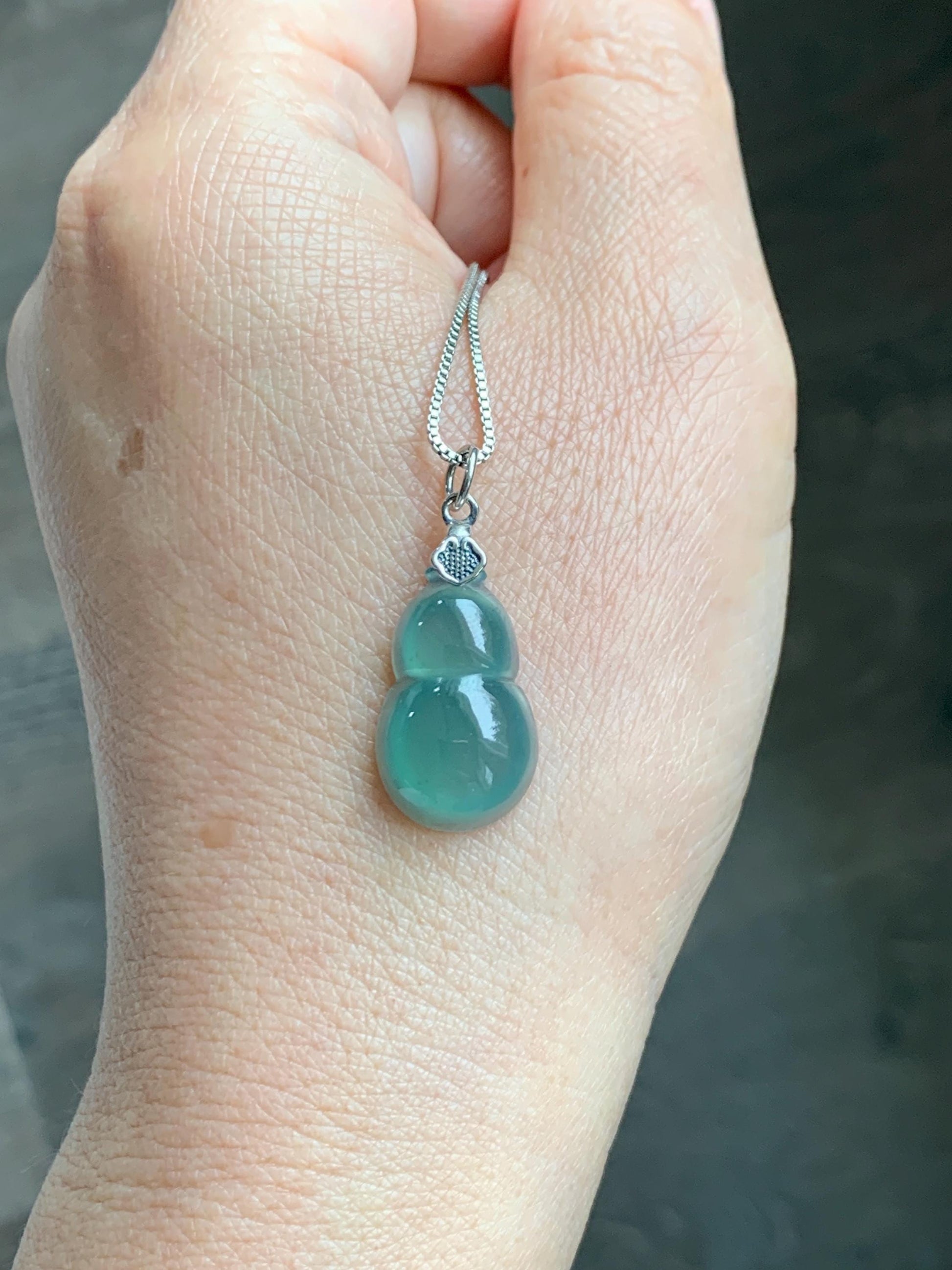 Natural Grade A Guatemalan Icy Translucent Teal Green Jade Jadeite Gourd Hulu Pendant Sterling Silver 3g 天然冰危蓝绿翡翠葫芦吊坠 WHG110A
