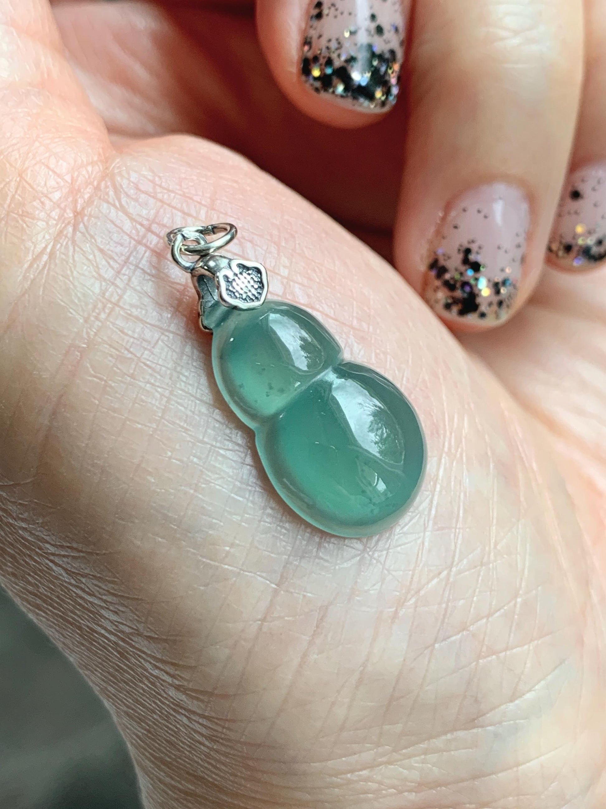 Natural Grade A Guatemalan Icy Translucent Teal Green Jade Jadeite Gourd Hulu Pendant Sterling Silver 3g 天然冰危蓝绿翡翠葫芦吊坠 WHG110A