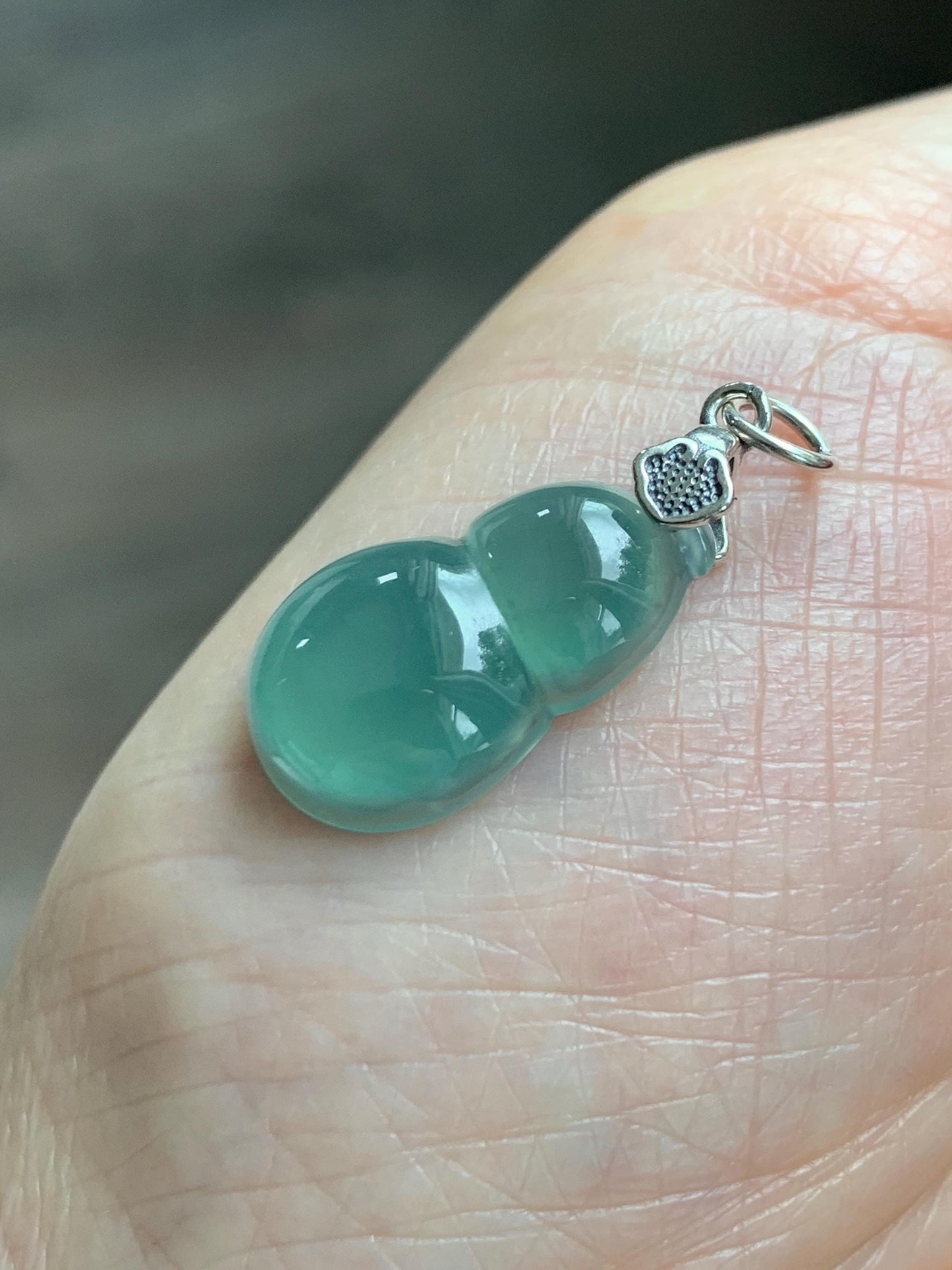 Natural Grade A Guatemalan Icy Translucent Teal Green Jade Jadeite Gourd Hulu Pendant Sterling Silver 3g 天然冰危蓝绿翡翠葫芦吊坠 WHG110A
