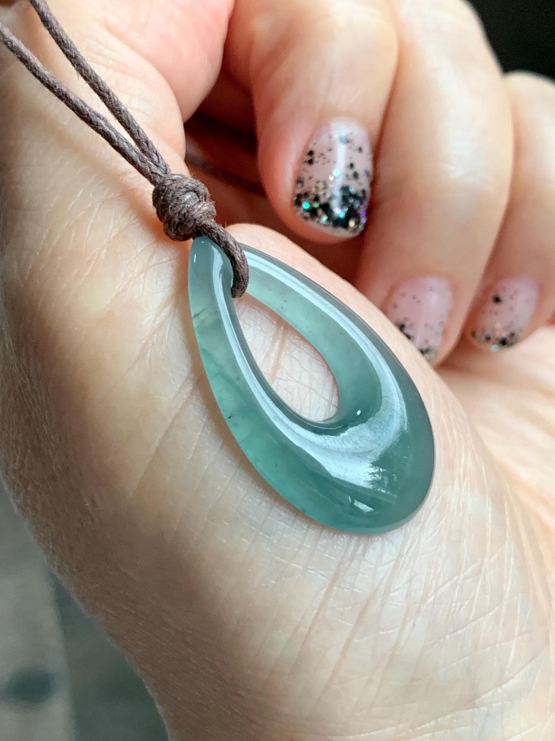 Natural Grade A Guatemalan Icy Highly Translucent Teal Green Jade Jadeite Carved Teardrop Pendant Rope Bracelet 25” 天然冰危蓝绿起光翡翠小水滴项链 WSD33A