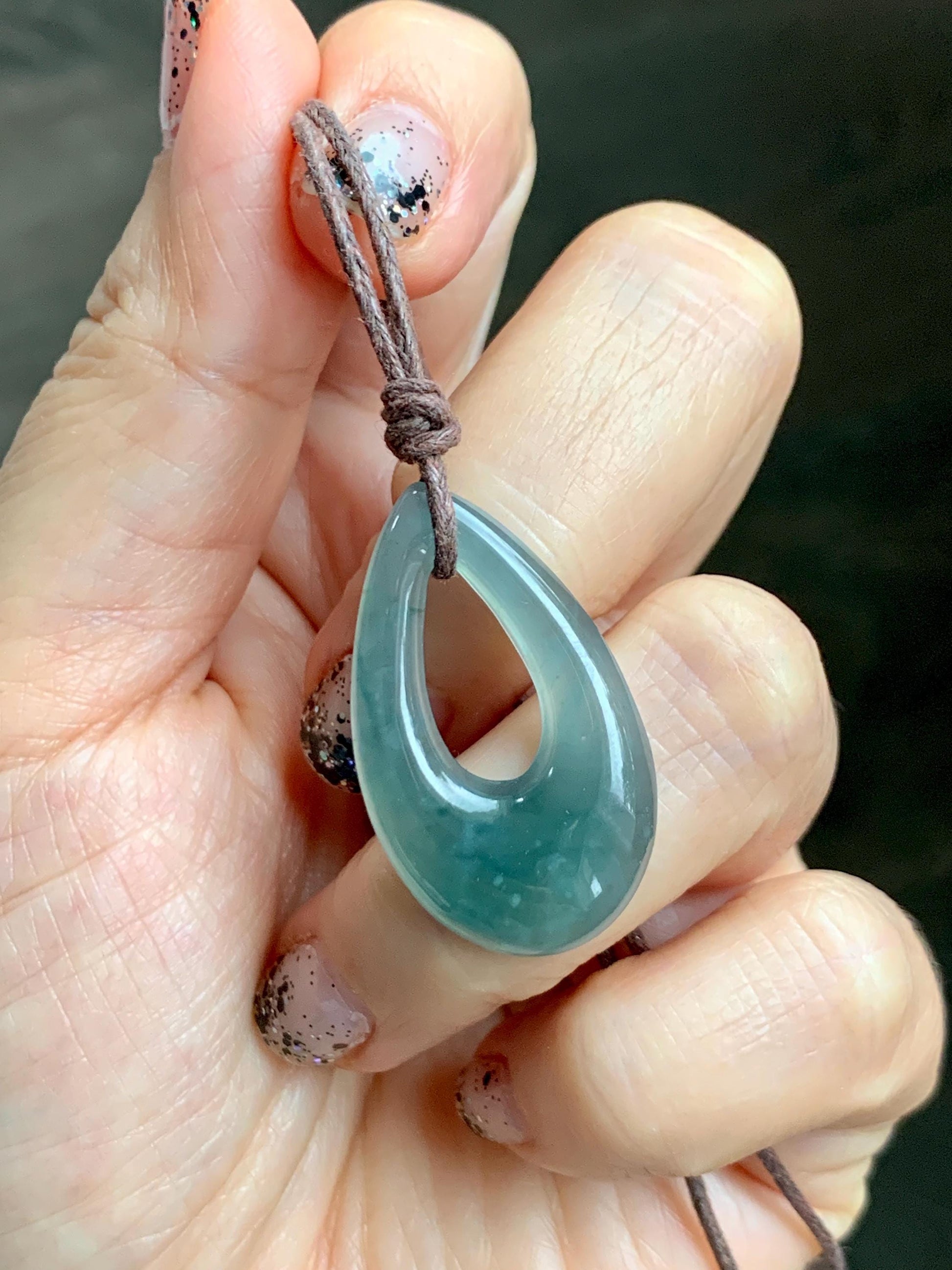 Natural Grade A Guatemalan Icy Highly Translucent Teal Green Jade Jadeite Carved Teardrop Pendant Rope Bracelet 25” 天然冰危蓝绿起光翡翠小水滴项链 WSD33A