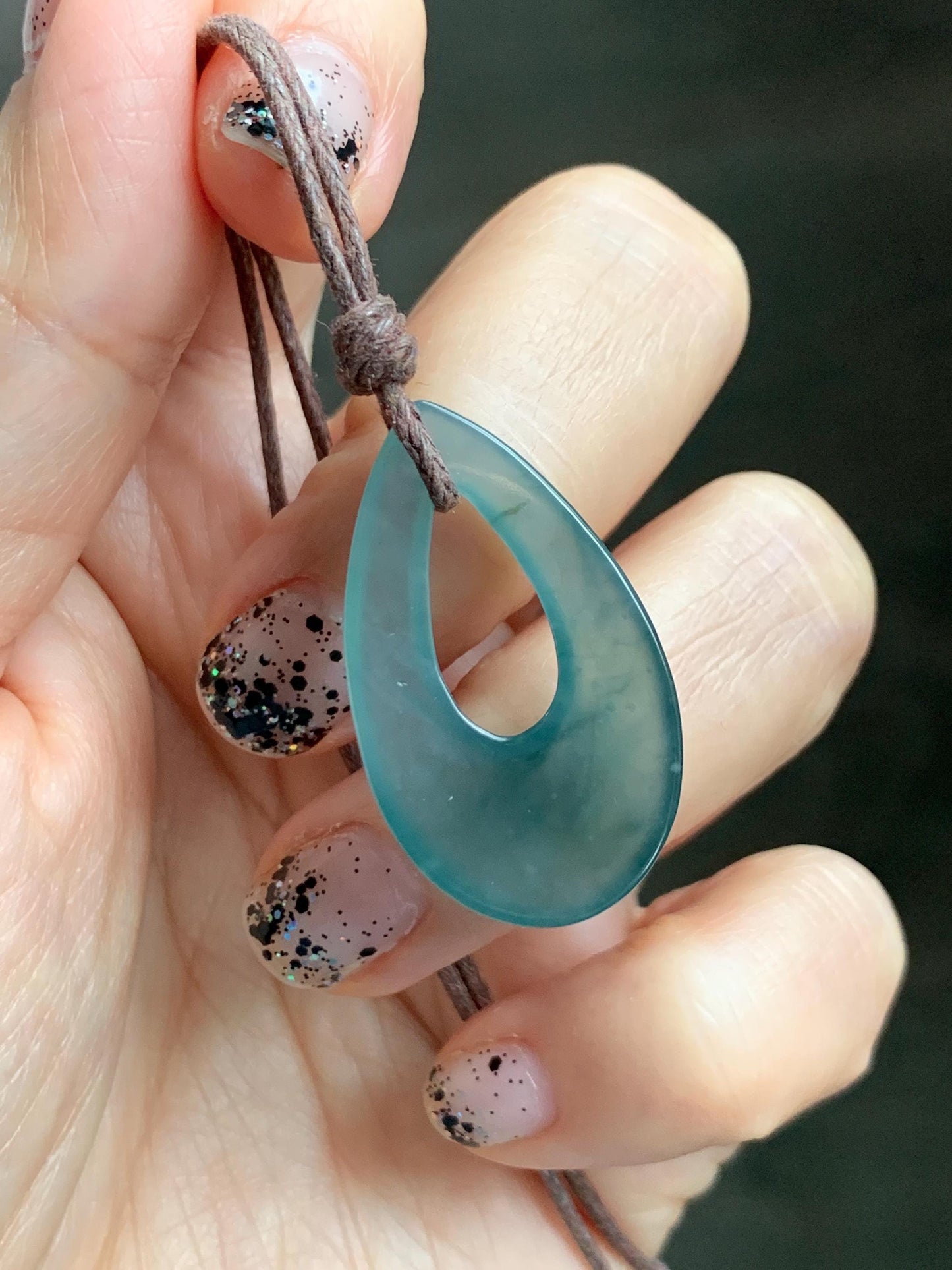 Natural Grade A Guatemalan Icy Highly Translucent Teal Green Jade Jadeite Carved Teardrop Pendant Rope Bracelet 25” 天然冰危蓝绿起光翡翠小水滴项链 WSD33A