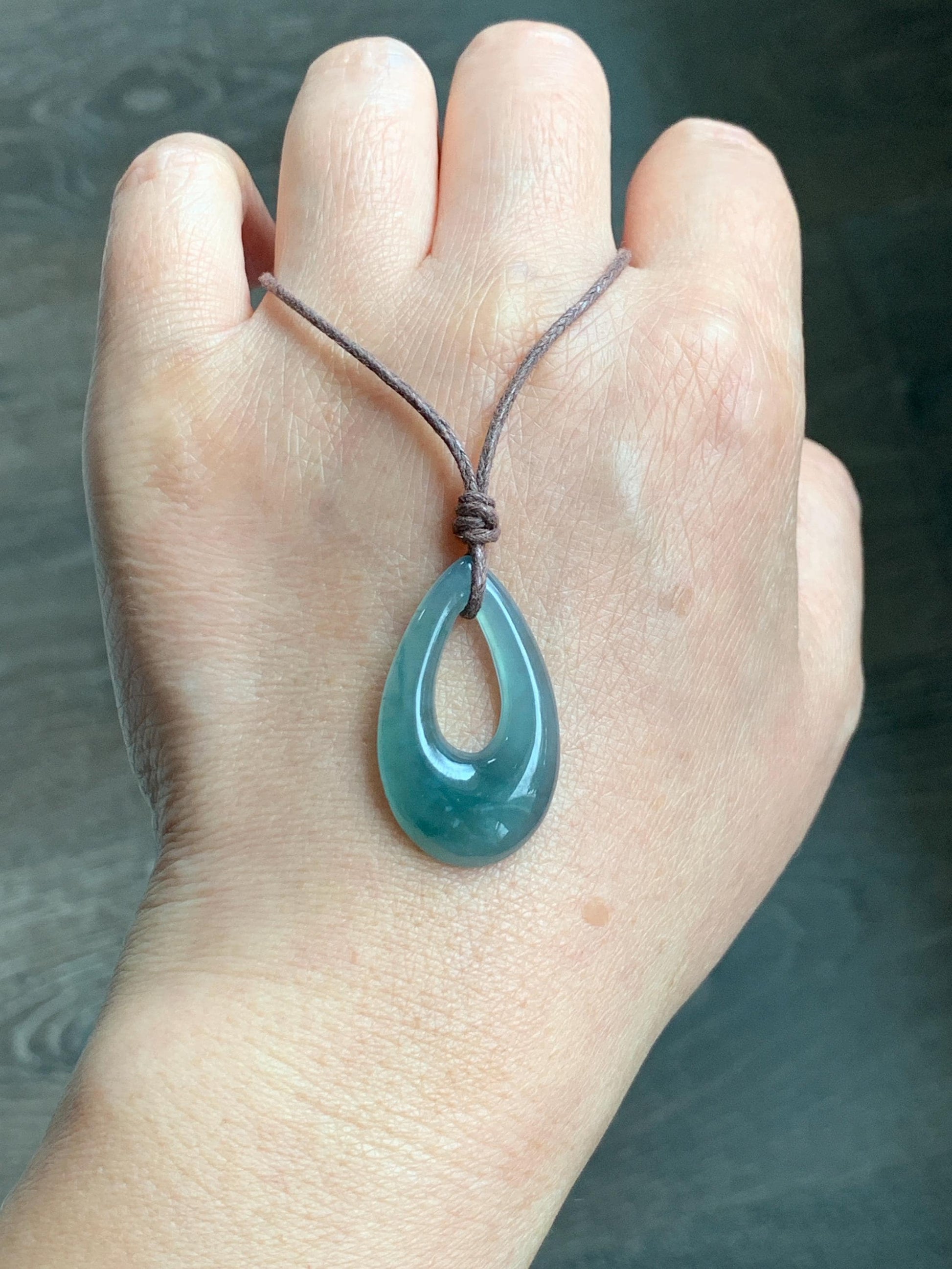 Natural Grade A Guatemalan Icy Highly Translucent Teal Green Jade Jadeite Carved Teardrop Pendant Rope Bracelet 25” 天然冰危蓝绿起光翡翠小水滴项链 WSD33A