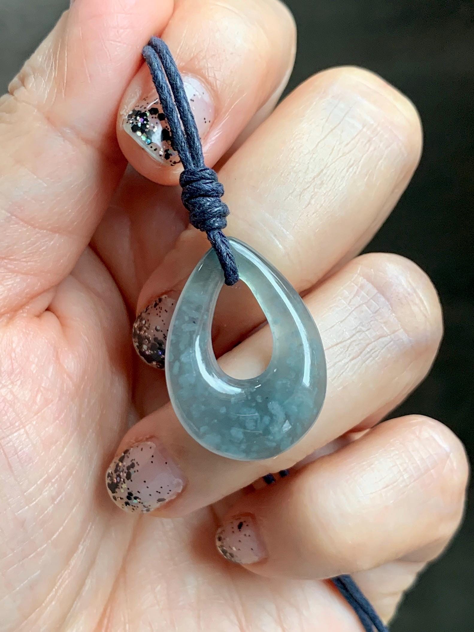 Natural Grade A Guatemalan Icy Highly Translucent Pastel Dusty Blue Jade Jadeite Teardrop Pendant Rope Bracelet 27” 天然冰危浅蓝翡翠小水滴项链WSD33B