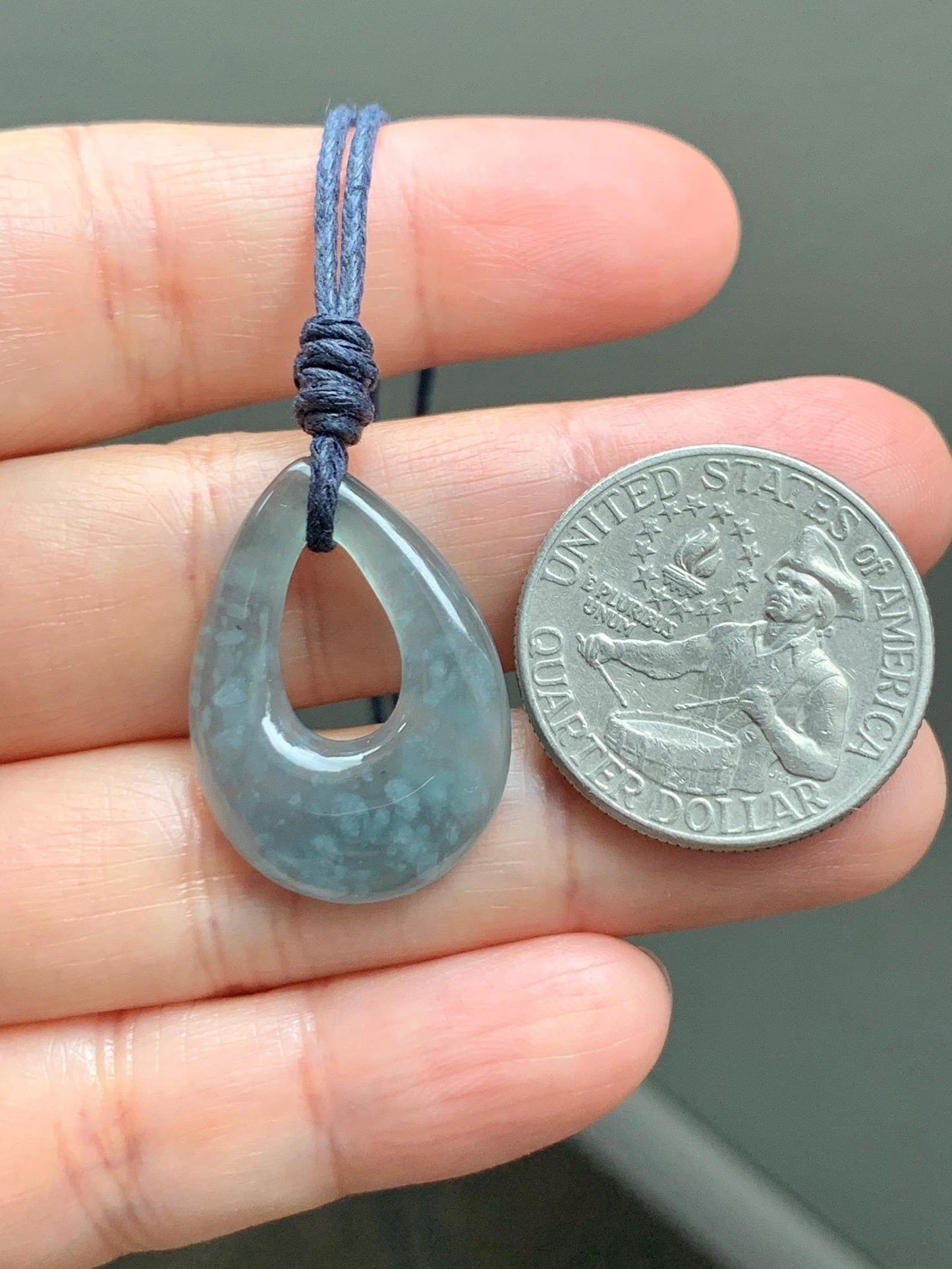 Natural Grade A Guatemalan Icy Highly Translucent Pastel Dusty Blue Jade Jadeite Teardrop Pendant Rope Bracelet 27” 天然冰危浅蓝翡翠小水滴项链WSD33B