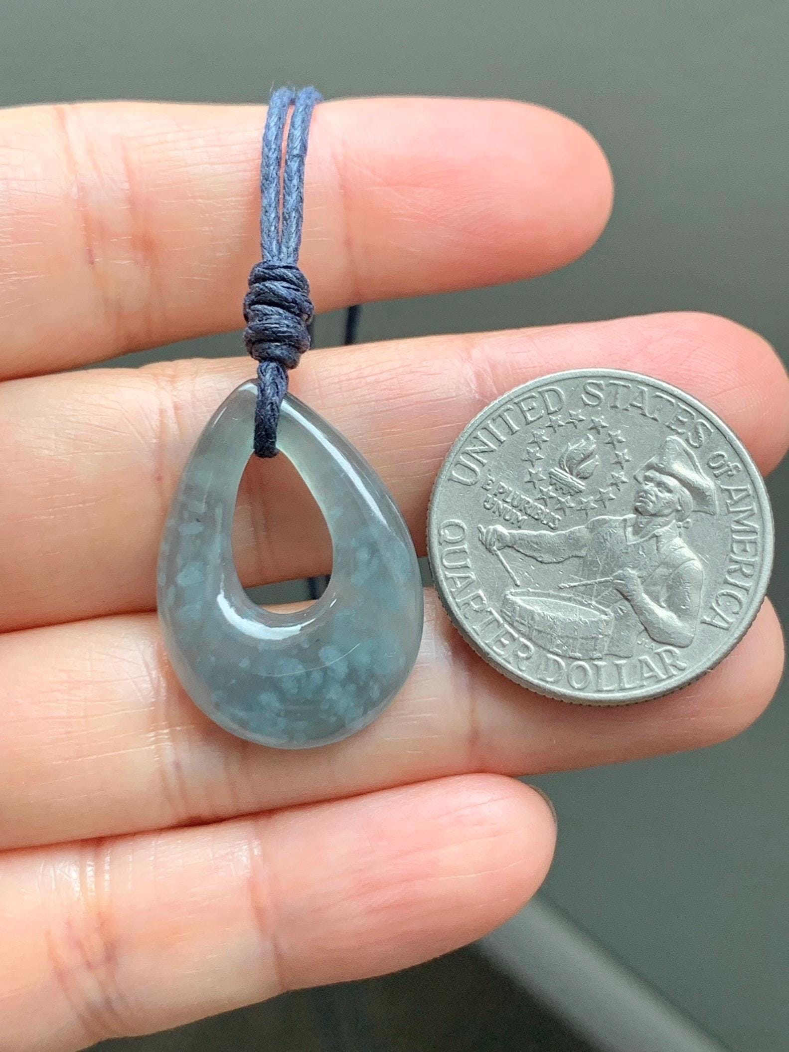 Natural Grade A Guatemalan Icy Highly Translucent Pastel Dusty Blue Jade Jadeite Teardrop Pendant Rope Bracelet 27” 天然冰危浅蓝翡翠小水滴项链WSD33B
