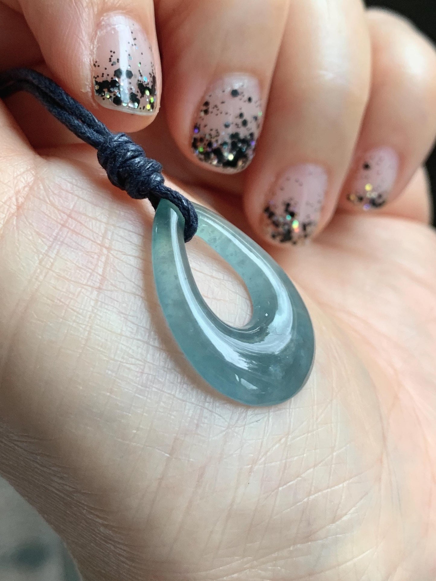Natural Grade A Guatemalan Icy Highly Translucent Pastel Dusty Blue Jade Jadeite Teardrop Pendant Rope Bracelet 27” 天然冰危浅蓝翡翠小水滴项链WSD33B