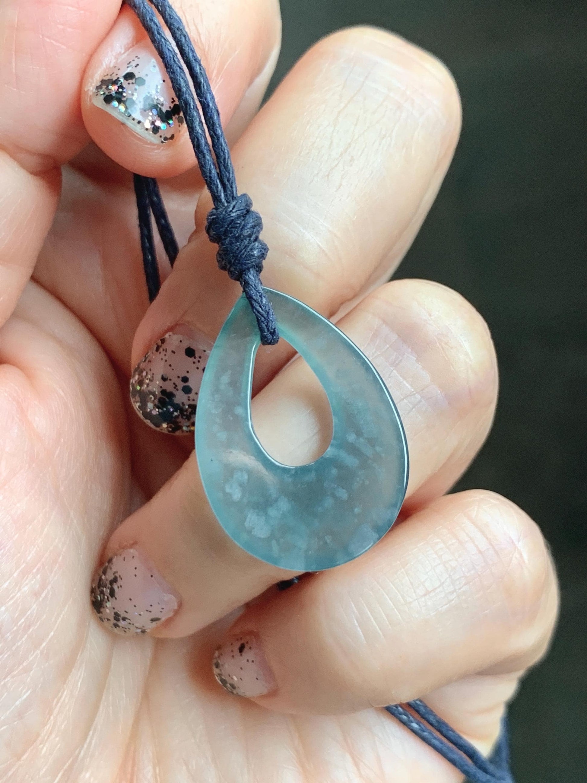 Natural Grade A Guatemalan Icy Highly Translucent Pastel Dusty Blue Jade Jadeite Teardrop Pendant Rope Bracelet 27” 天然冰危浅蓝翡翠小水滴项链WSD33B