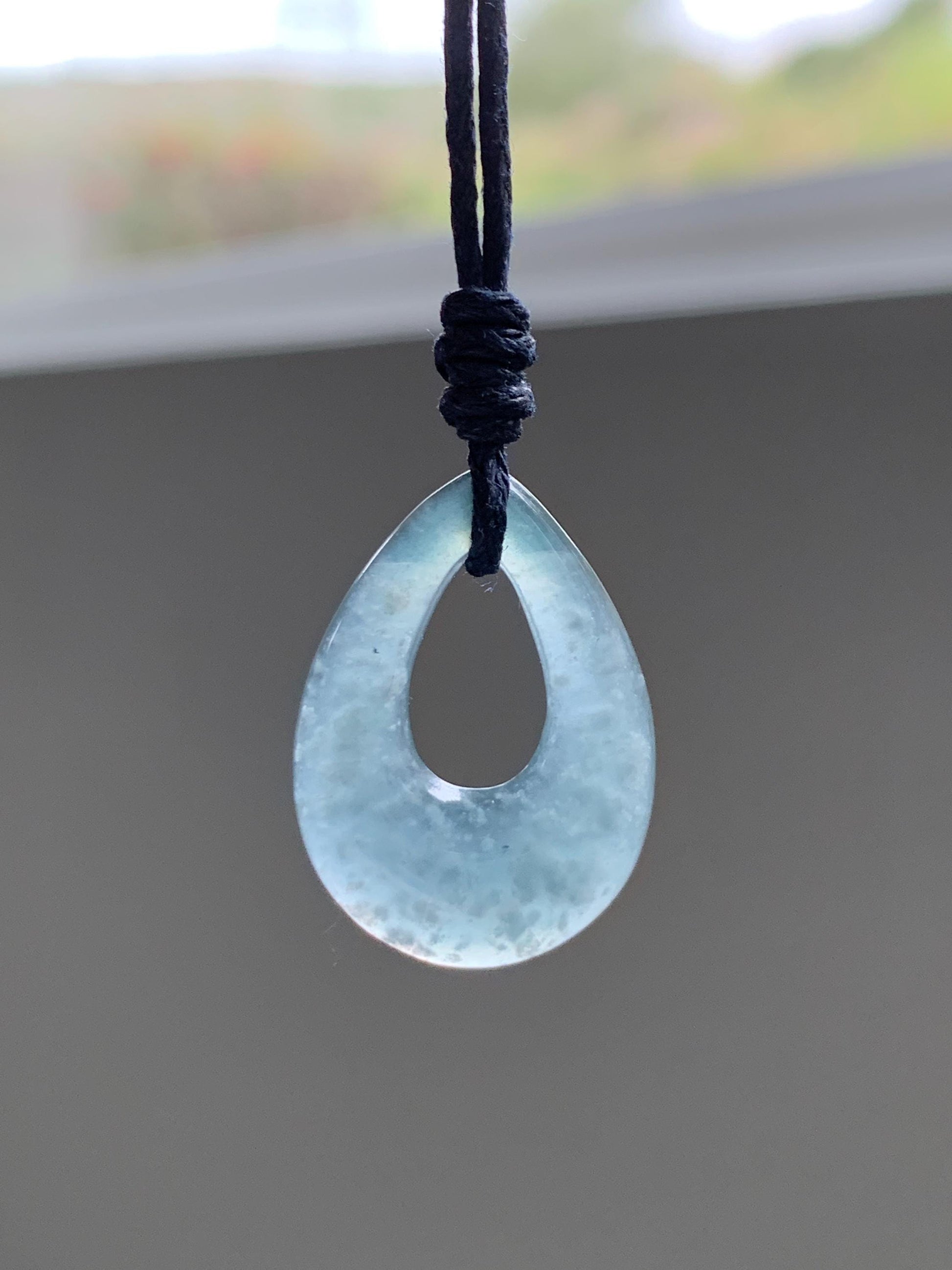 Natural Grade A Guatemalan Icy Highly Translucent Pastel Dusty Blue Jade Jadeite Teardrop Pendant Rope Bracelet 27” 天然冰危浅蓝翡翠小水滴项链WSD33B