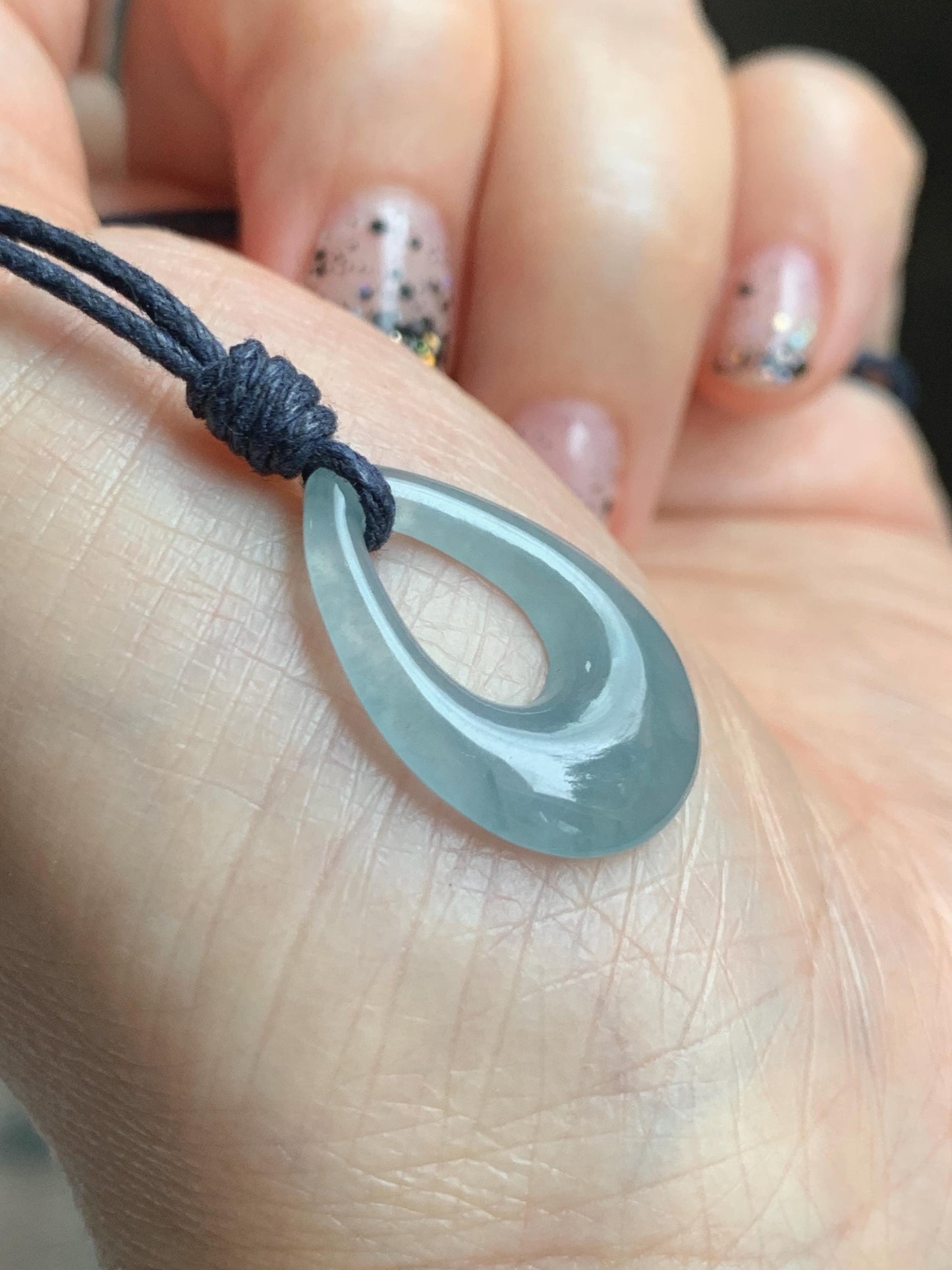 Natural Grade A Guatemalan Icy Highly Translucent Pastel Dusty Blue Jade Jadeite Teardrop Pendant Rope Bracelet 30” 天然冰危浅蓝翡翠小水滴项链WSD33C