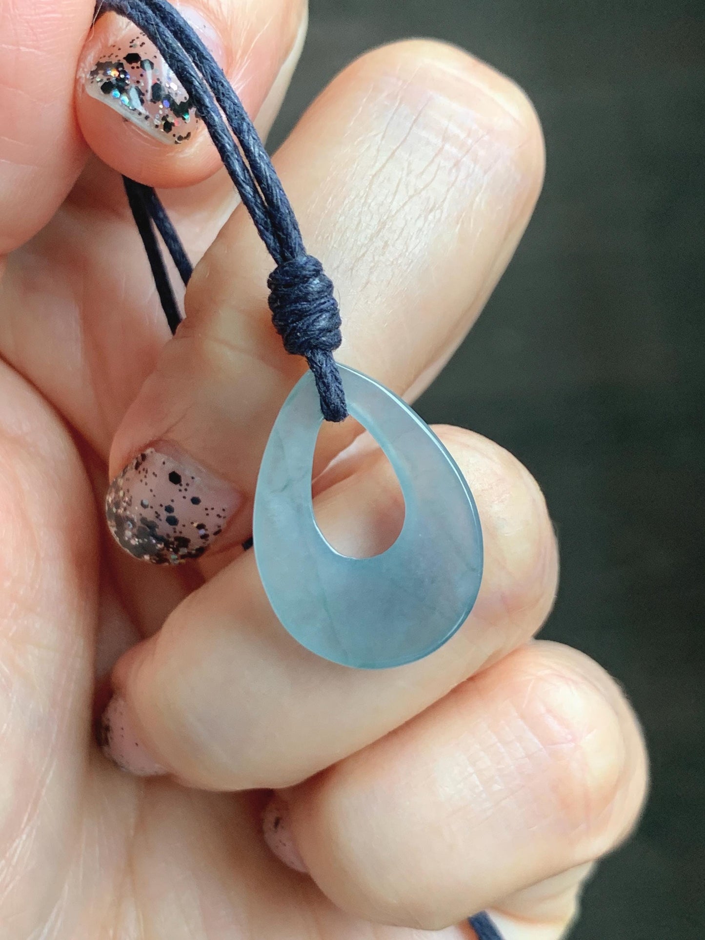 Natural Grade A Guatemalan Icy Highly Translucent Pastel Dusty Blue Jade Jadeite Teardrop Pendant Rope Bracelet 30” 天然冰危浅蓝翡翠小水滴项链WSD33C