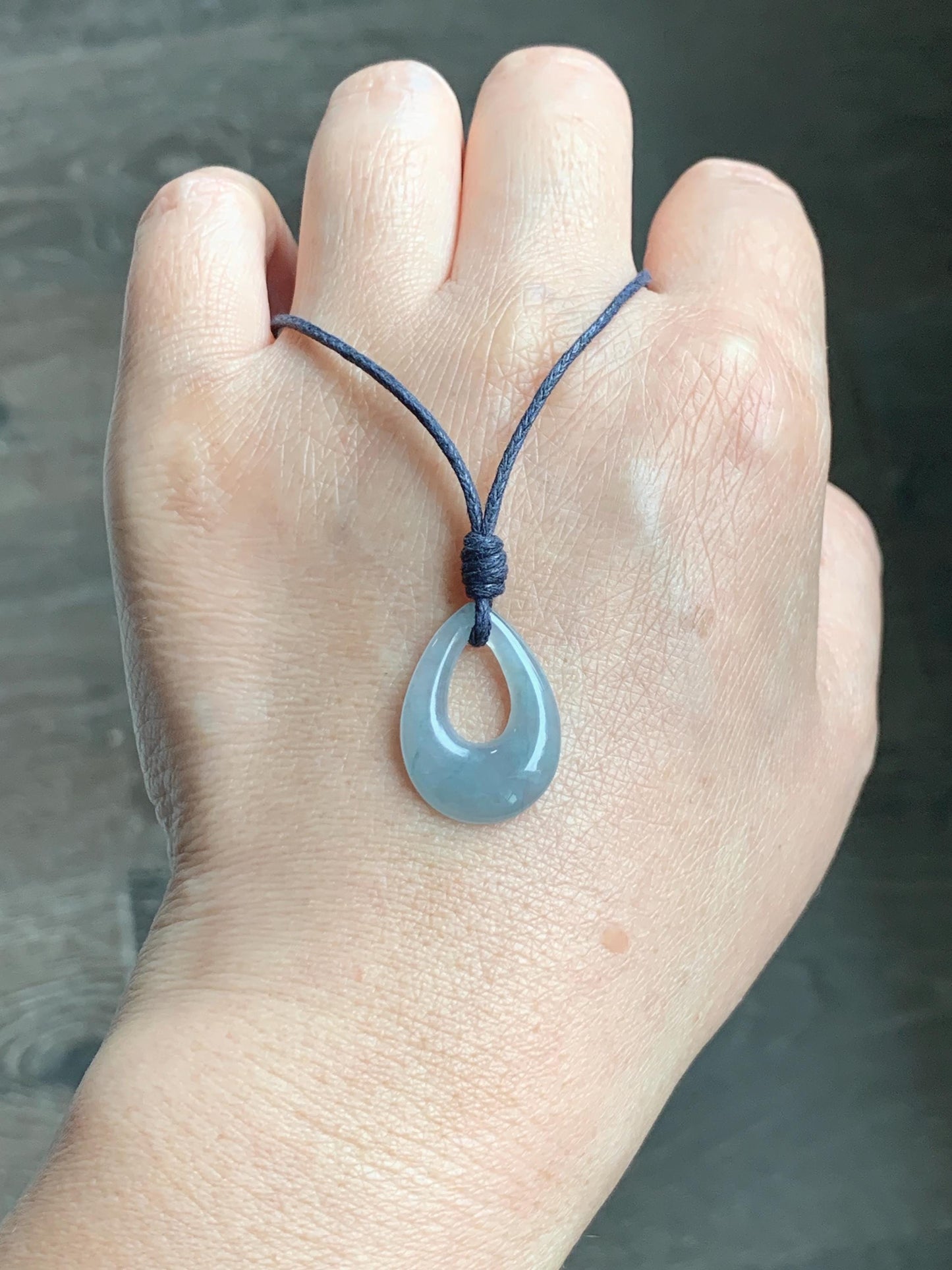 Natural Grade A Guatemalan Icy Highly Translucent Pastel Dusty Blue Jade Jadeite Teardrop Pendant Rope Bracelet 30” 天然冰危浅蓝翡翠小水滴项链WSD33C