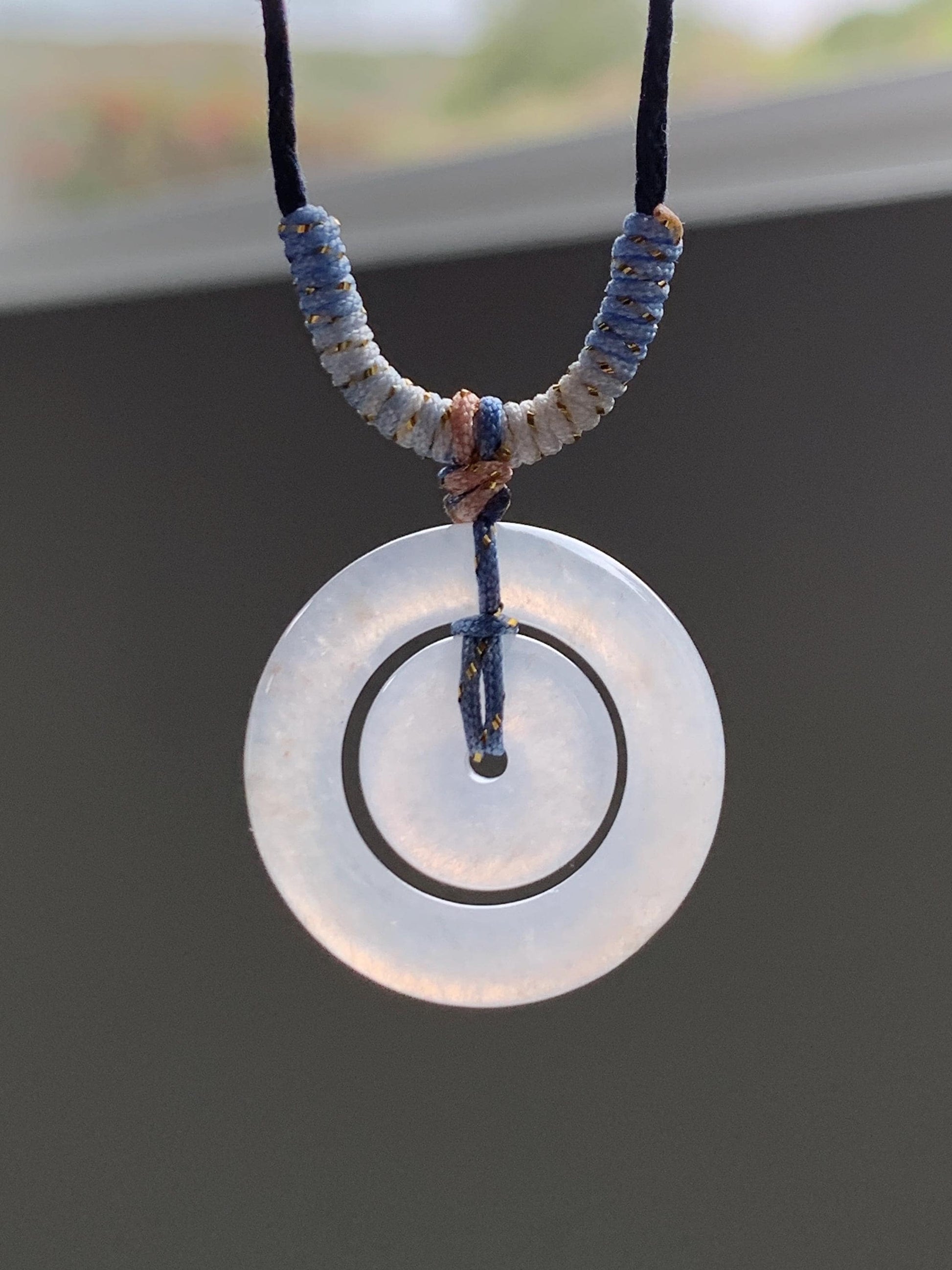 Natural Grade A Icy Translucent White Jade Jadeite Mother-and-Child Ping An Kou Donut Pendant Rope Necklace 28” 6g 天然白冰胶翡翠子母扣吊坠 MZM268A