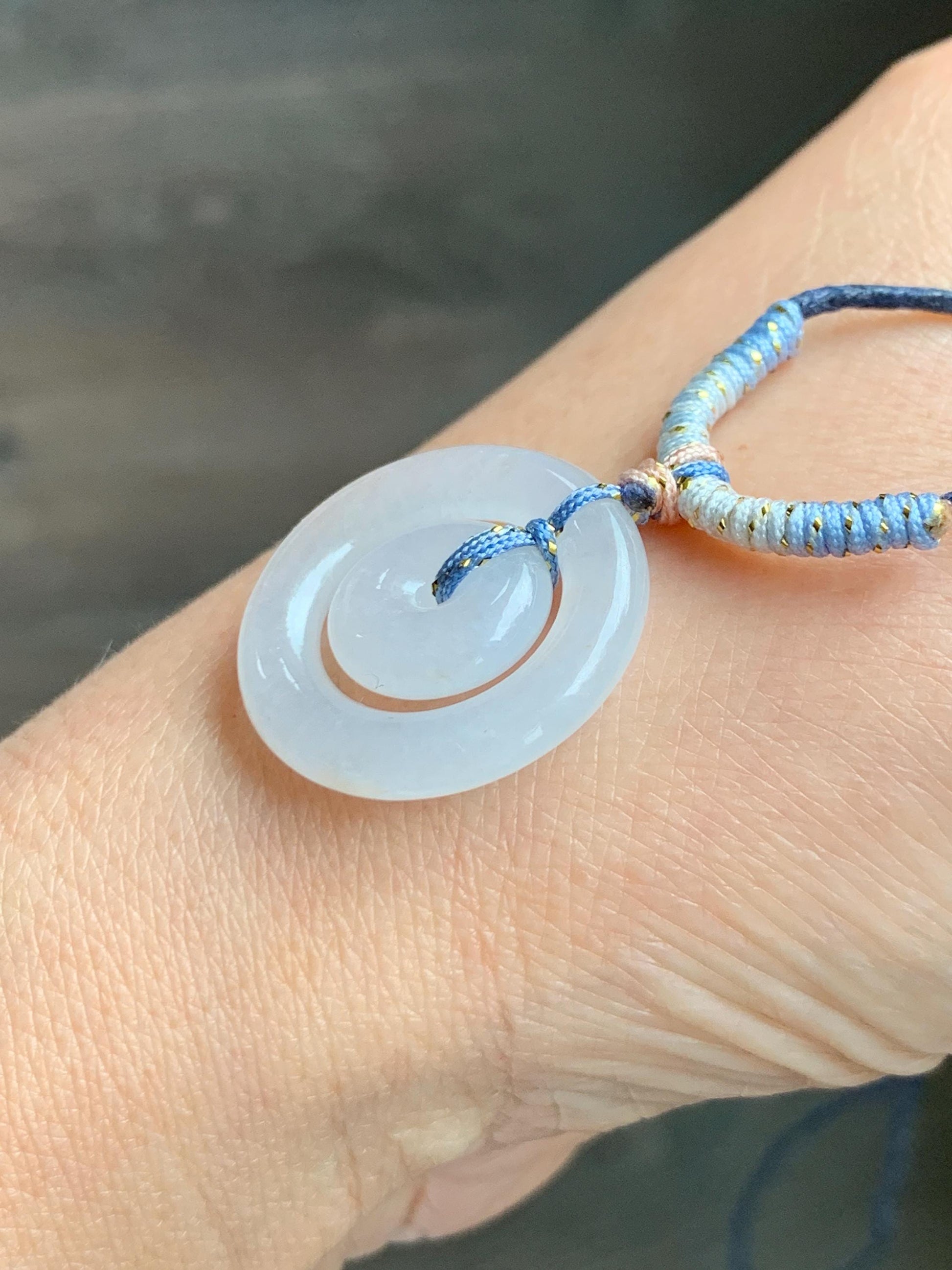 Natural Grade A Icy Translucent White Jade Jadeite Mother-and-Child Ping An Kou Donut Pendant Rope Necklace 28” 6g 天然白冰胶翡翠子母扣吊坠 MZM268A