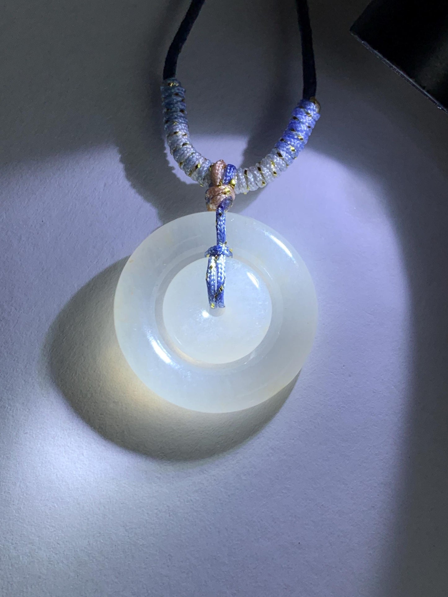 Natural Grade A Icy Translucent White Jade Jadeite Mother-and-Child Ping An Kou Donut Pendant Rope Necklace 28” 6g 天然白冰胶翡翠子母扣吊坠 MZM268A