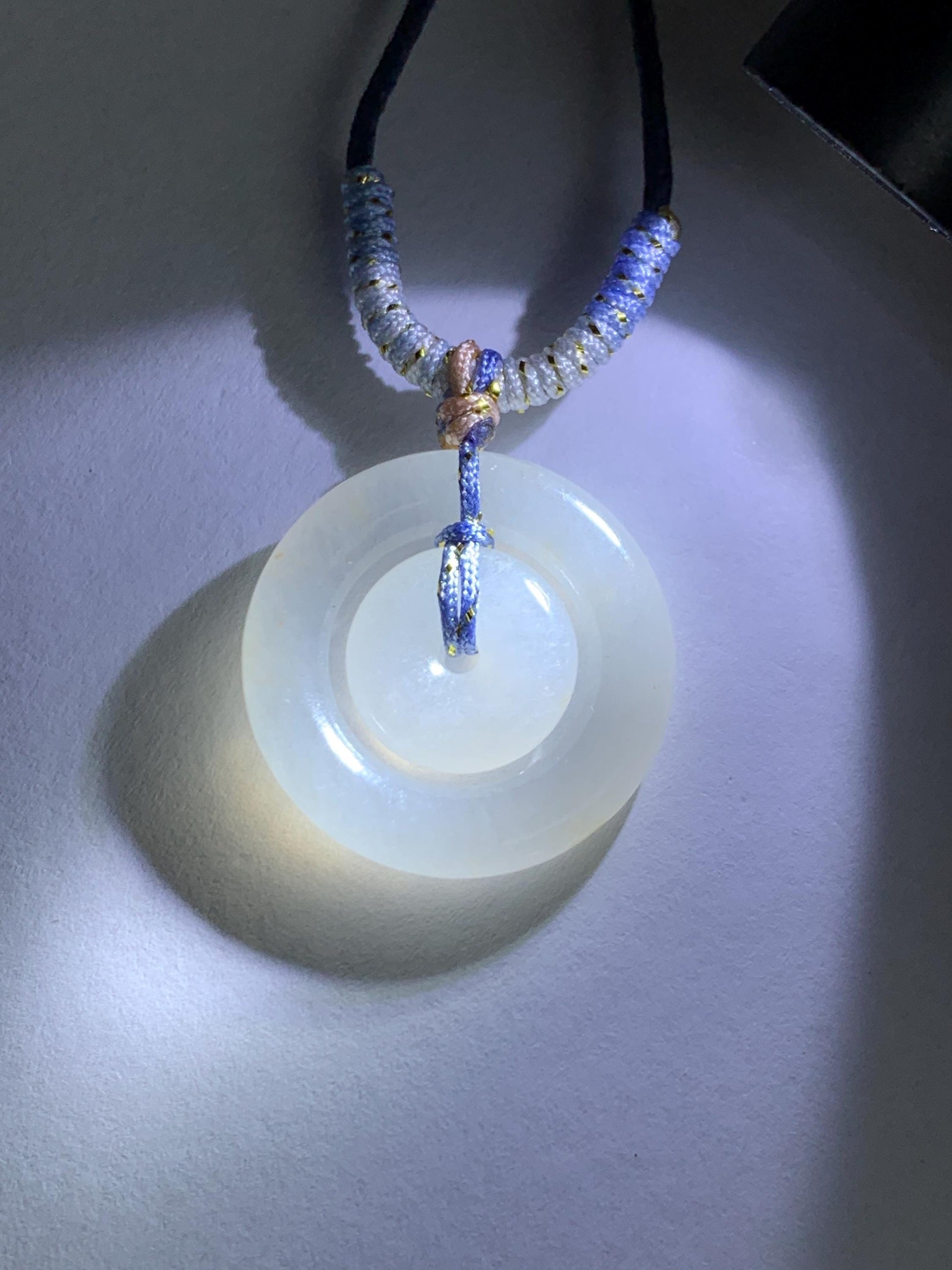 Natural Grade A Icy Translucent White Jade Jadeite Mother-and-Child Ping An Kou Donut Pendant Rope Necklace 28” 6g 天然白冰胶翡翠子母扣吊坠 MZM268A