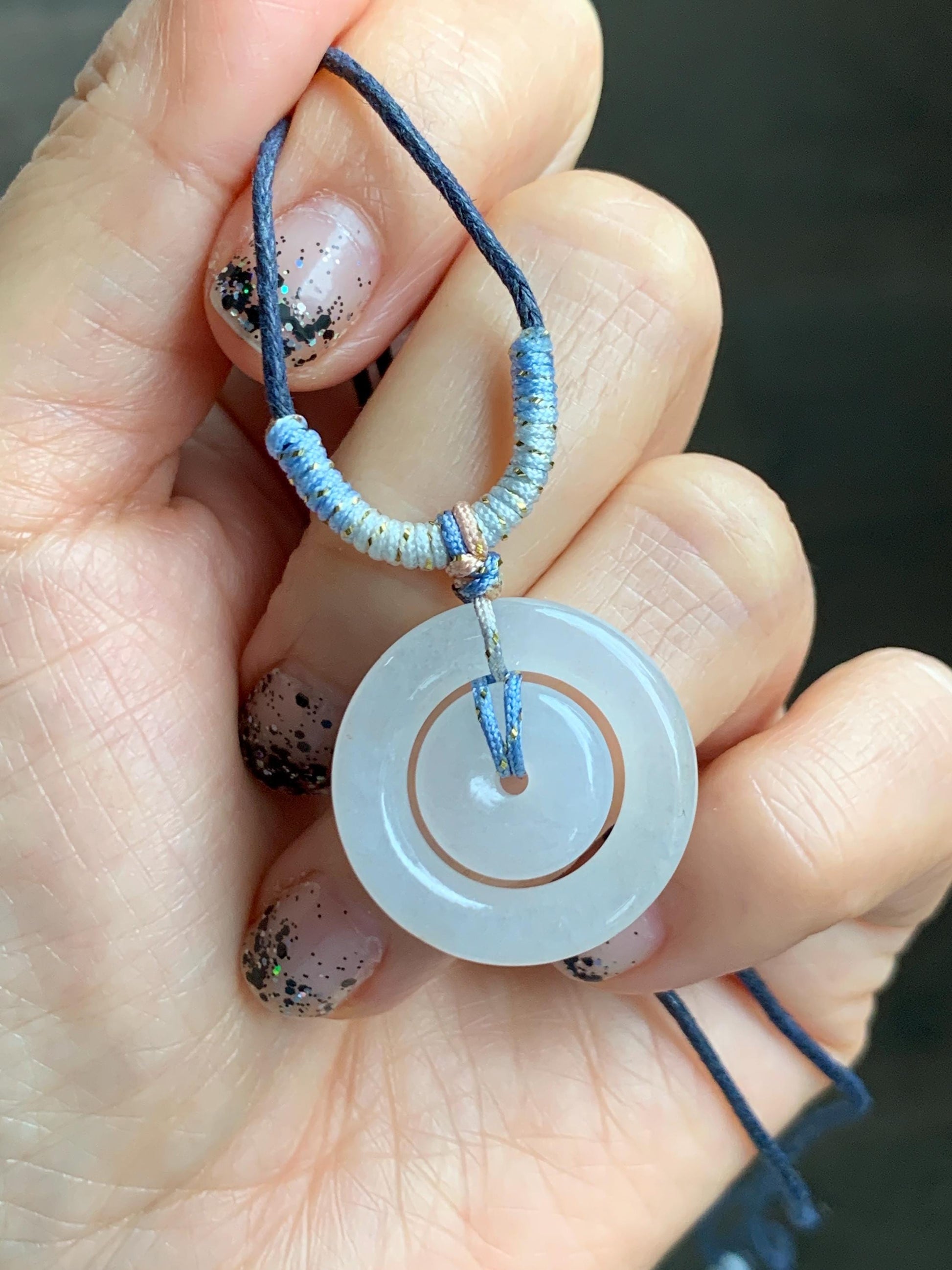 Natural Grade A Icy Translucent White Jade Jadeite Mother-and-Child Ping An Kou Donut Pendant Rope Necklace 28” 6g 天然白冰胶翡翠子母扣吊坠 MZM268A
