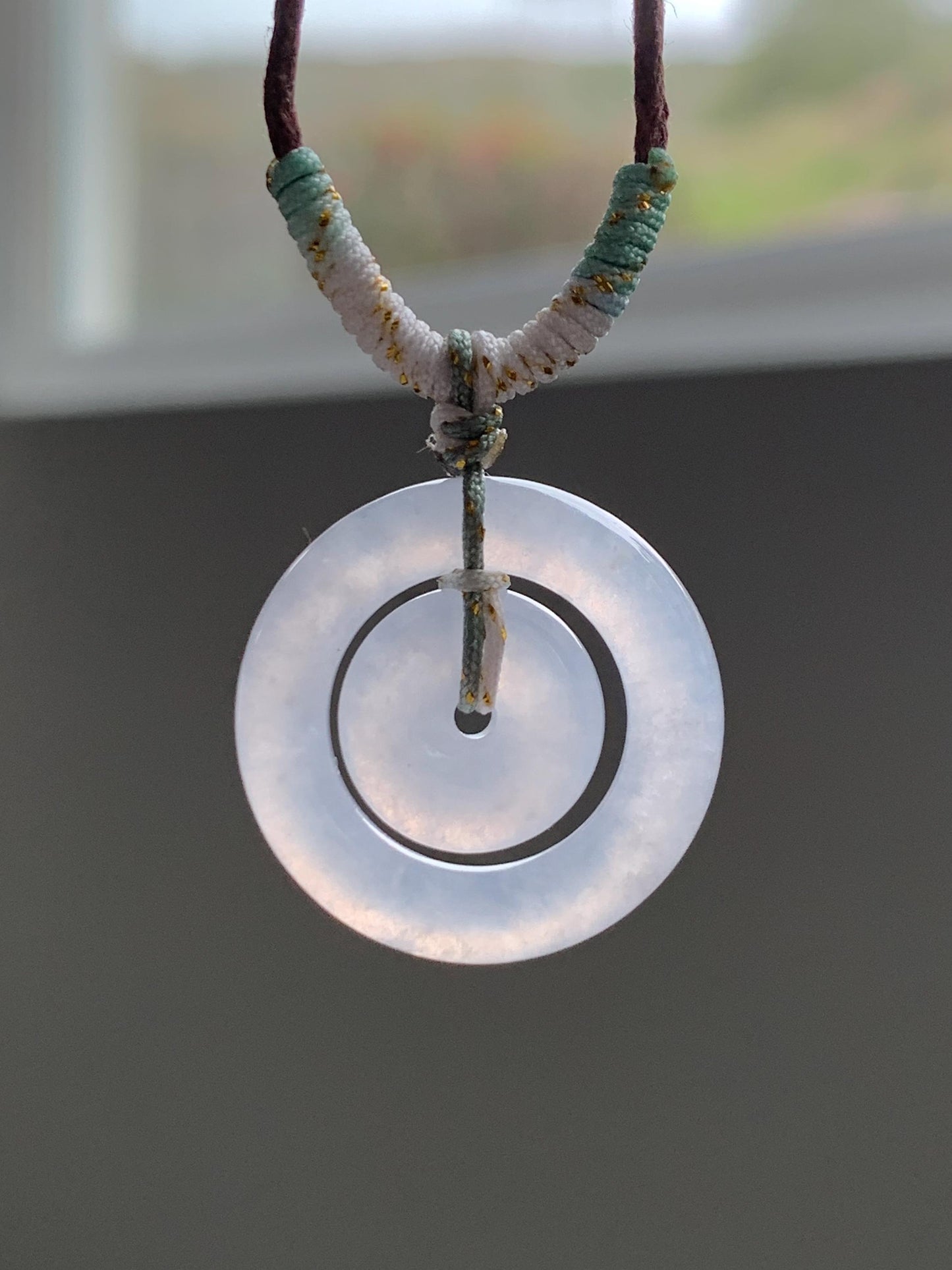 Natural Grade A Icy Translucent White Jade Jadeite Mother-and-Child Ping An Kou Donut Pendant Rope Necklace 28” 6g 天然白冰胶翡翠子母扣吊坠 MZM268B