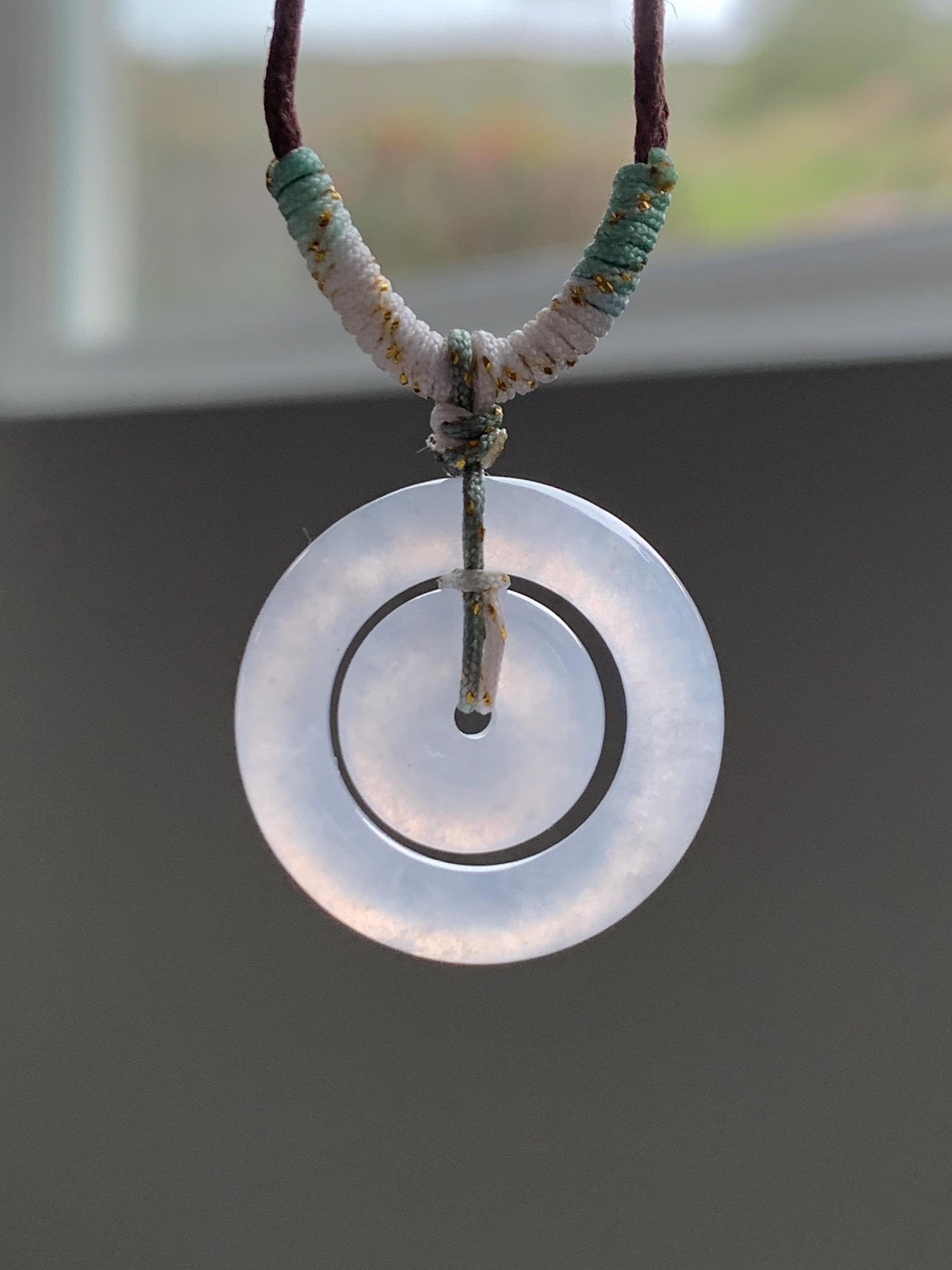 Natural Grade A Icy Translucent White Jade Jadeite Mother-and-Child Ping An Kou Donut Pendant Rope Necklace 28” 6g 天然白冰胶翡翠子母扣吊坠 MZM268B
