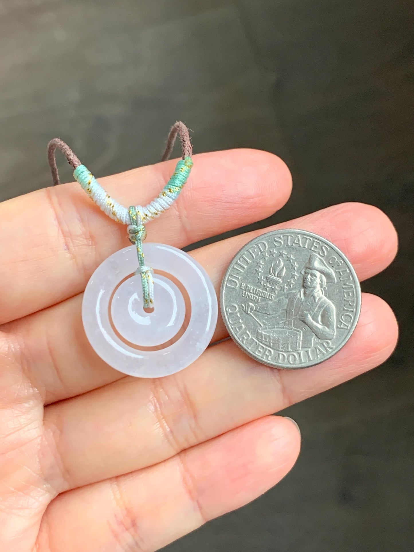 Natural Grade A Icy Translucent White Jade Jadeite Mother-and-Child Ping An Kou Donut Pendant Rope Necklace 28” 6g 天然白冰胶翡翠子母扣吊坠 MZM268B