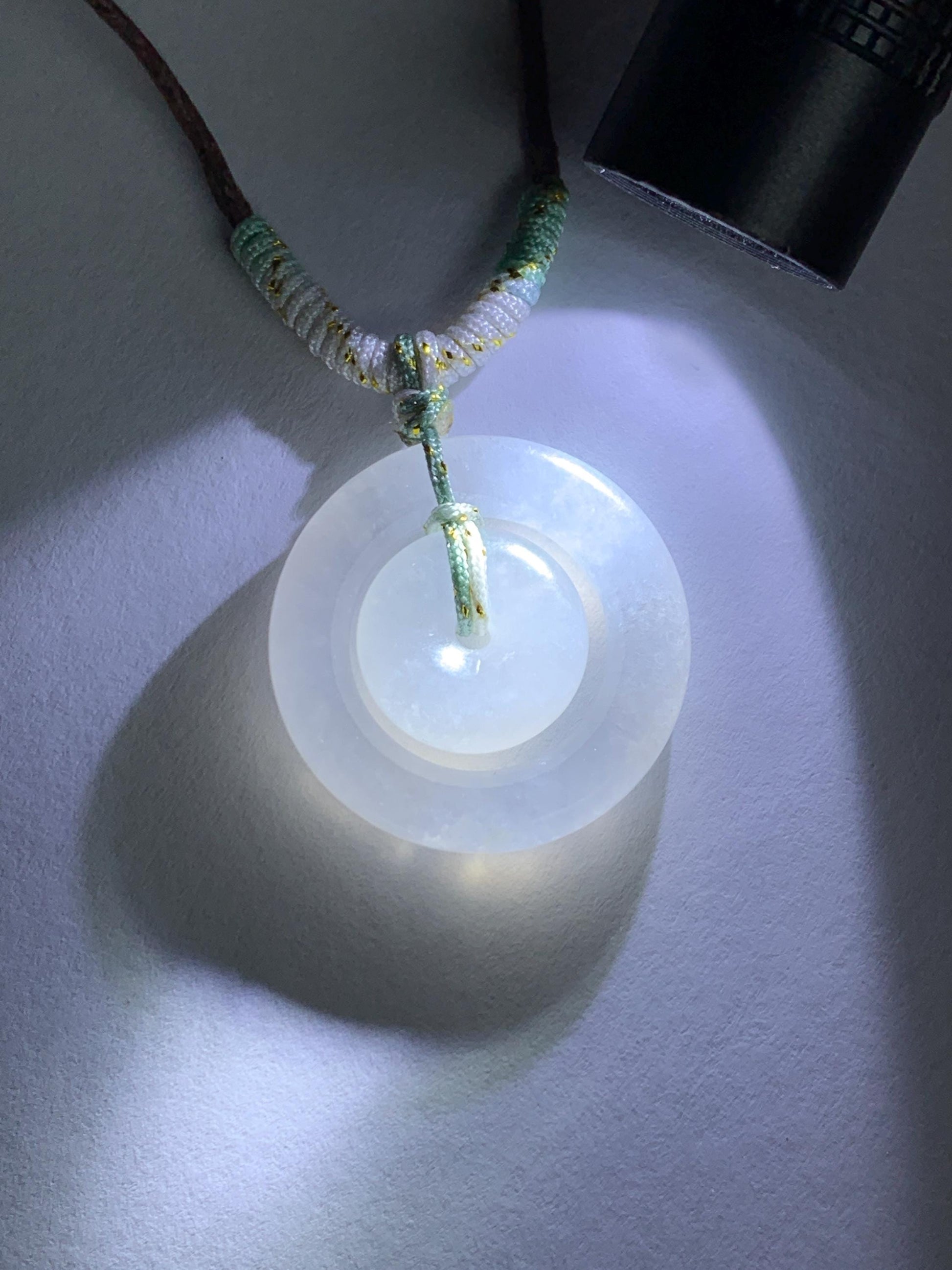Natural Grade A Icy Translucent White Jade Jadeite Mother-and-Child Ping An Kou Donut Pendant Rope Necklace 28” 6g 天然白冰胶翡翠子母扣吊坠 MZM268B