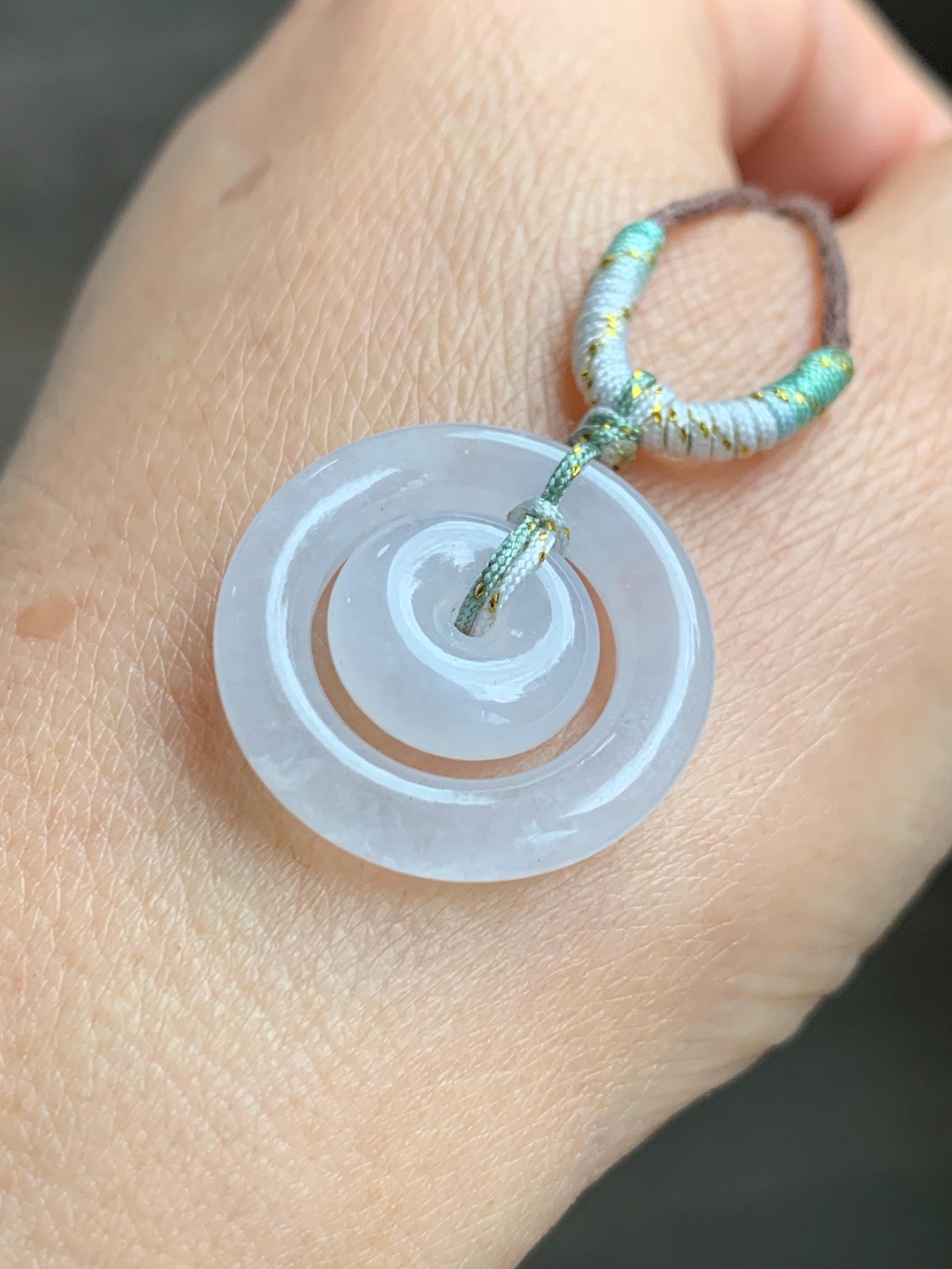 Natural Grade A Icy Translucent White Jade Jadeite Mother-and-Child Ping An Kou Donut Pendant Rope Necklace 28” 6g 天然白冰胶翡翠子母扣吊坠 MZM268B