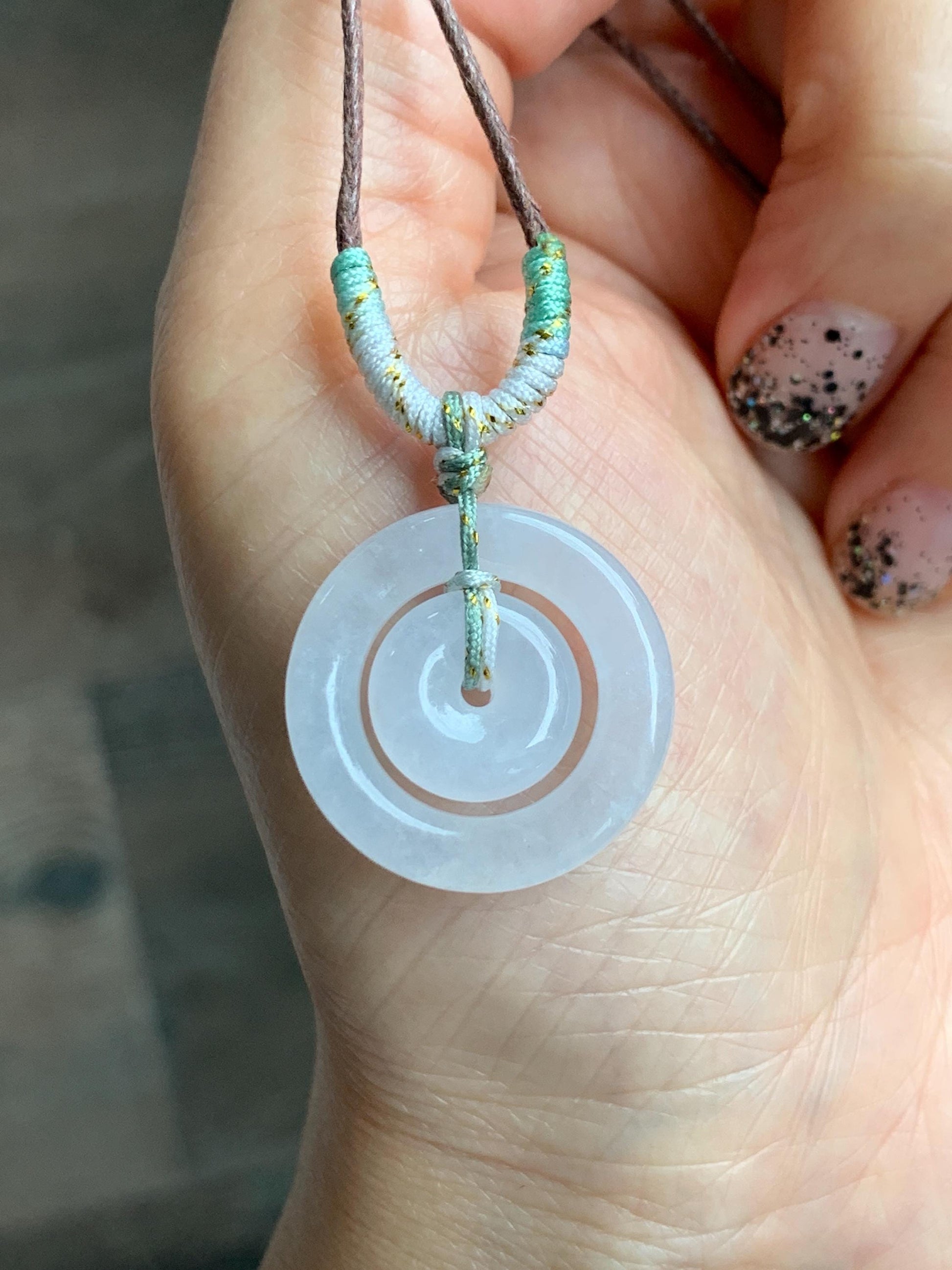 Natural Grade A Icy Translucent White Jade Jadeite Mother-and-Child Ping An Kou Donut Pendant Rope Necklace 28” 6g 天然白冰胶翡翠子母扣吊坠 MZM268B
