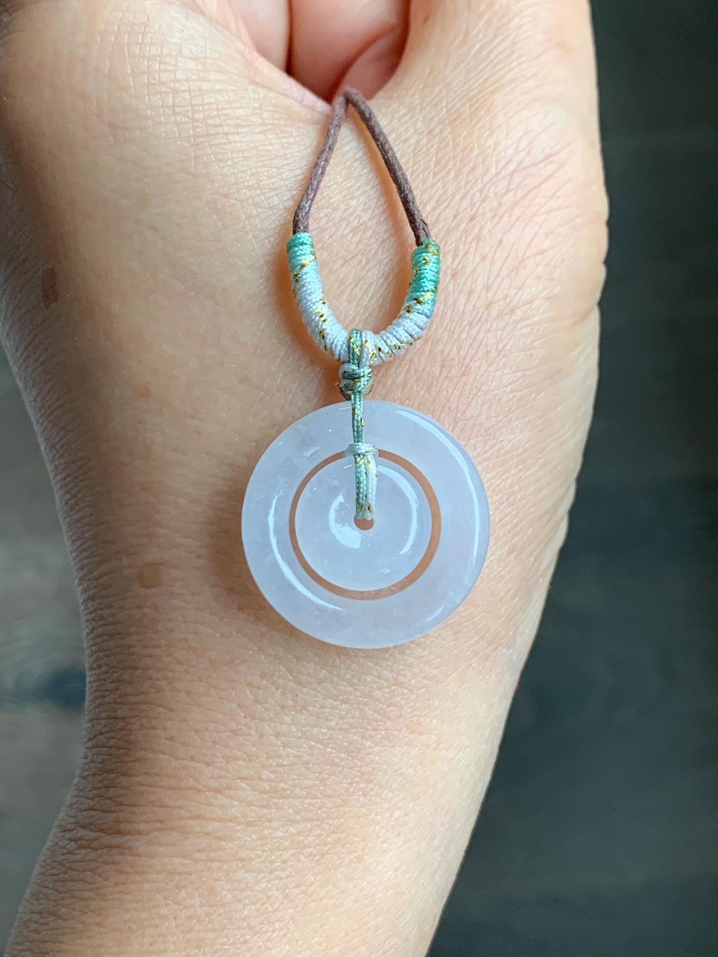 Natural Grade A Icy Translucent White Jade Jadeite Mother-and-Child Ping An Kou Donut Pendant Rope Necklace 28” 6g 天然白冰胶翡翠子母扣吊坠 MZM268B