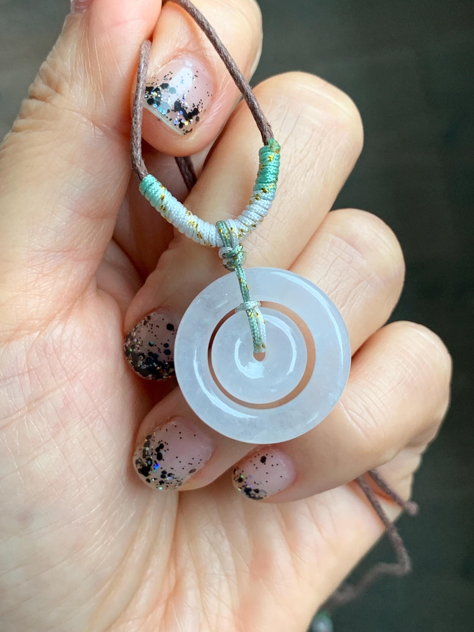 Natural Grade A Icy Translucent White Jade Jadeite Mother-and-Child Ping An Kou Donut Pendant Rope Necklace 28” 6g 天然白冰胶翡翠子母扣吊坠 MZM268B