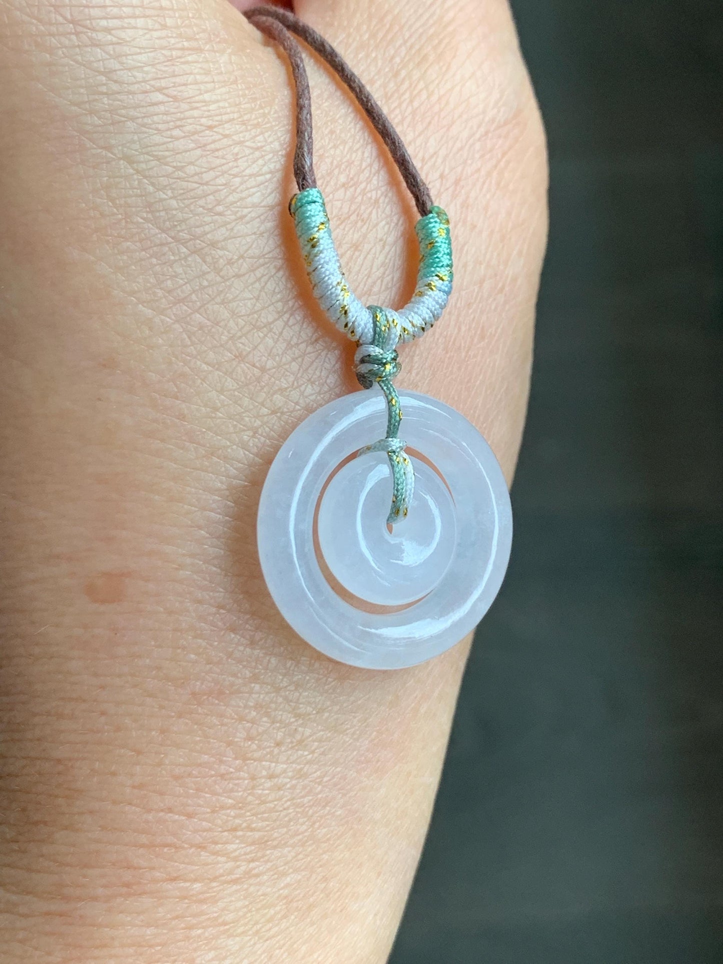 Natural Grade A Icy Translucent White Jade Jadeite Mother-and-Child Ping An Kou Donut Pendant Rope Necklace 28” 6g 天然白冰胶翡翠子母扣吊坠 MZM268B