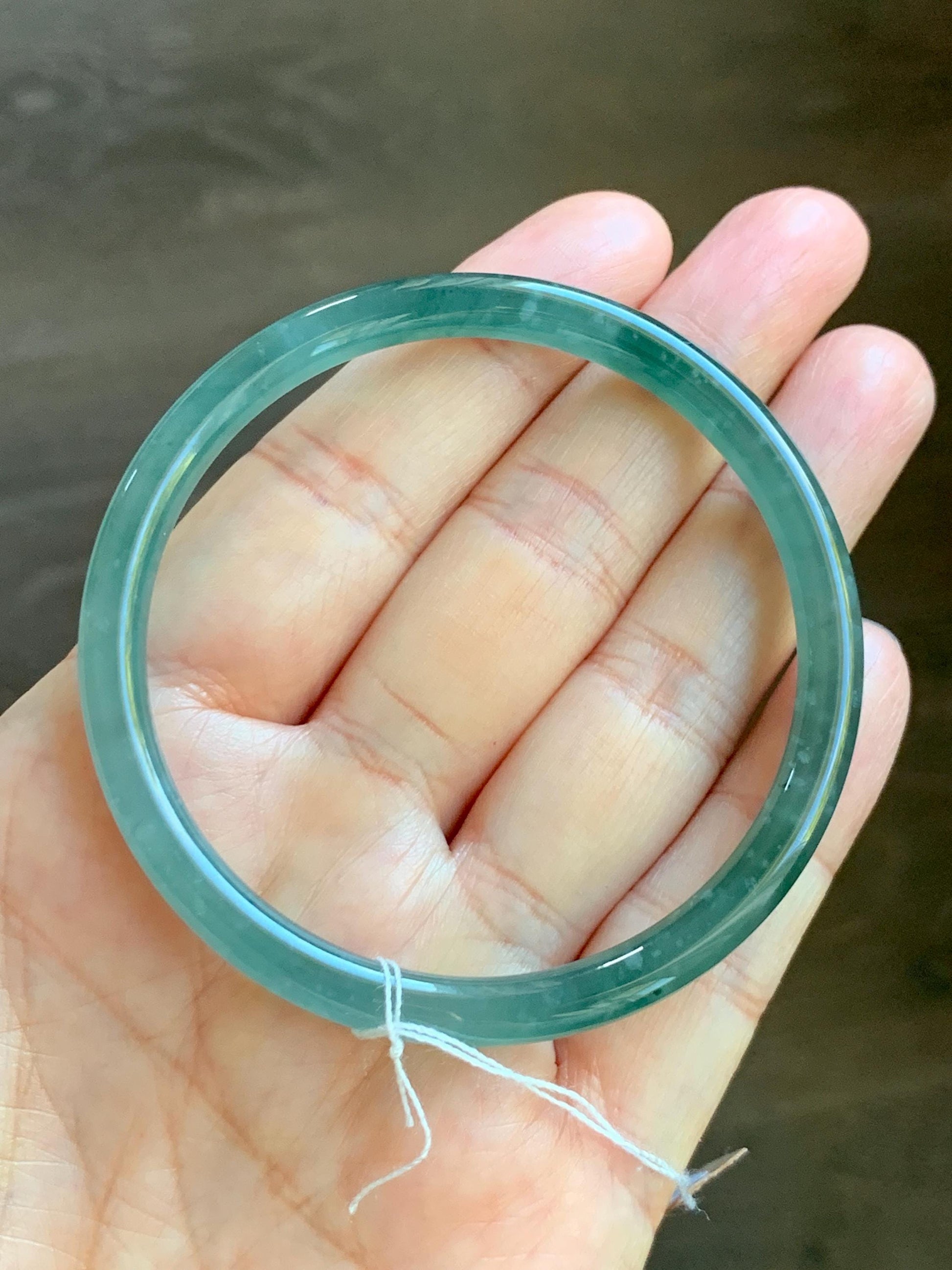 Certified Natural Grade A Guatemalan Icy Translucent Dark Teal Blue Jade Jadeite Slim Bangle Bracelet 55.78mm 6.89” 天然冰危深蓝绿翡翠细圆条手镯 073