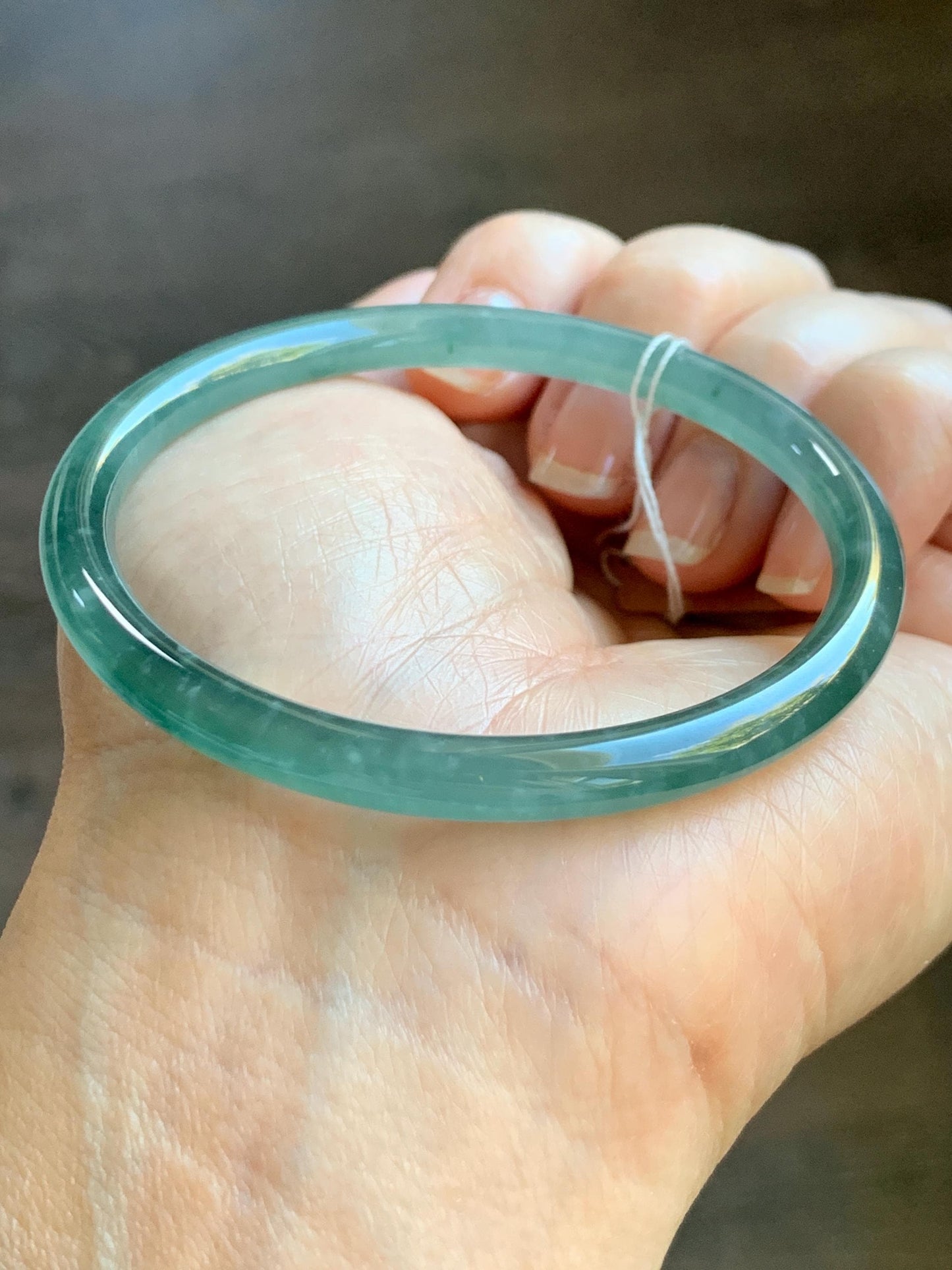 Certified Natural Grade A Guatemalan Icy Translucent Dark Teal Blue Jade Jadeite Slim Bangle Bracelet 55.78mm 6.89” 天然冰危深蓝绿翡翠细圆条手镯 073
