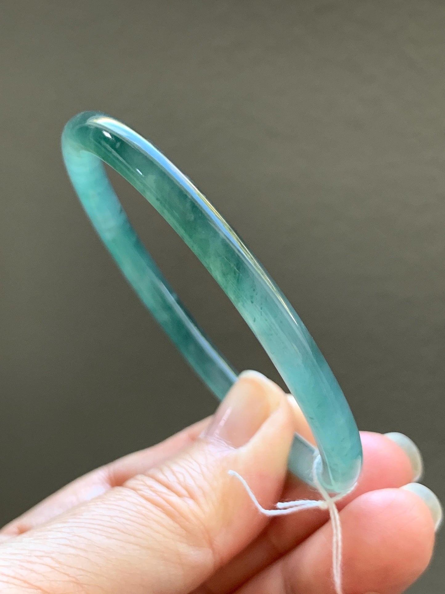 Certified Natural Grade A Guatemalan Icy Translucent Dark Teal Blue Jade Jadeite Slim Bangle Bracelet 55.78mm 6.89” 天然冰危深蓝绿翡翠细圆条手镯 073