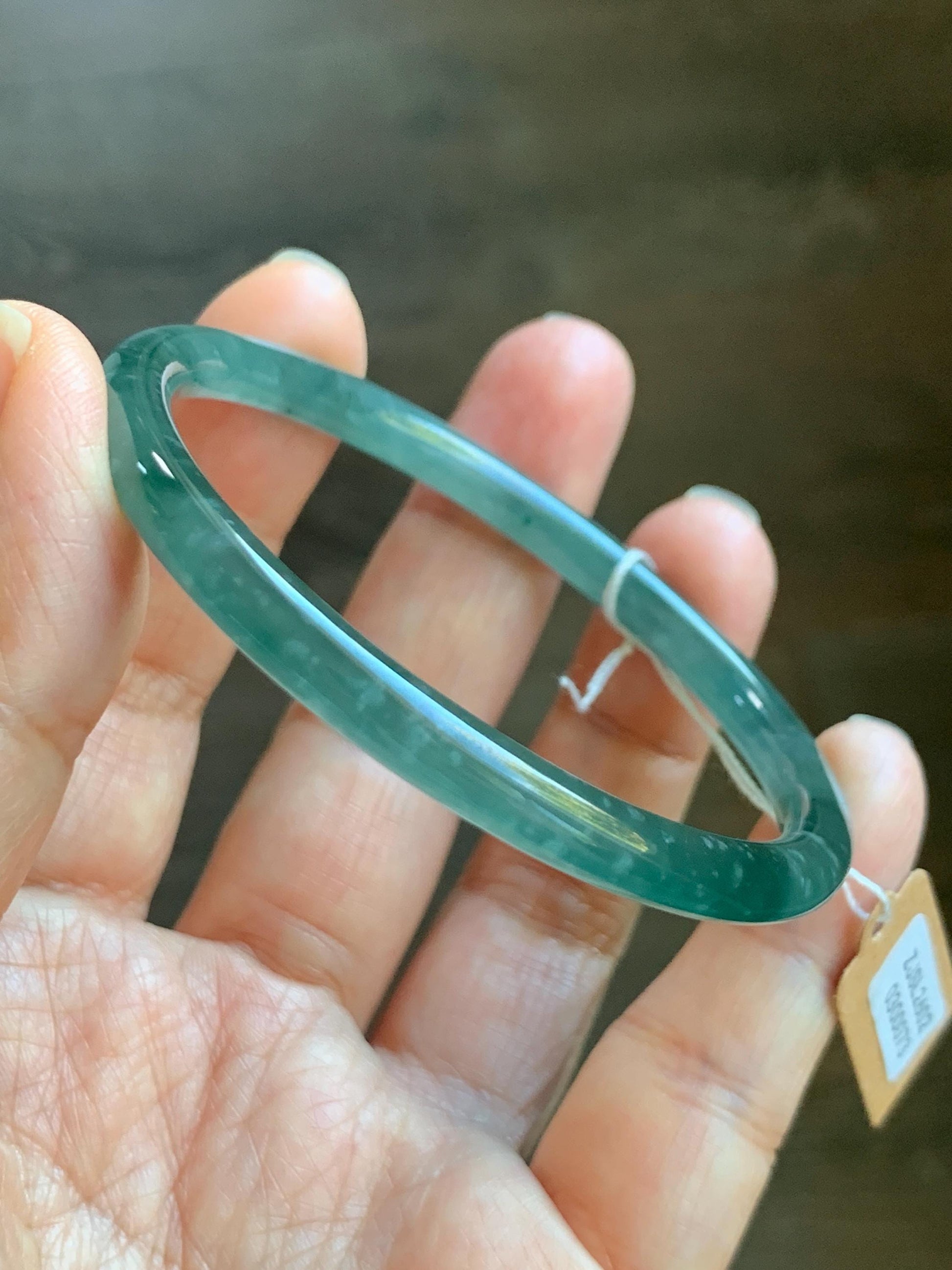 Certified Natural Grade A Guatemalan Icy Translucent Dark Teal Blue Jade Jadeite Slim Bangle Bracelet 55.78mm 6.89” 天然冰危深蓝绿翡翠细圆条手镯 073