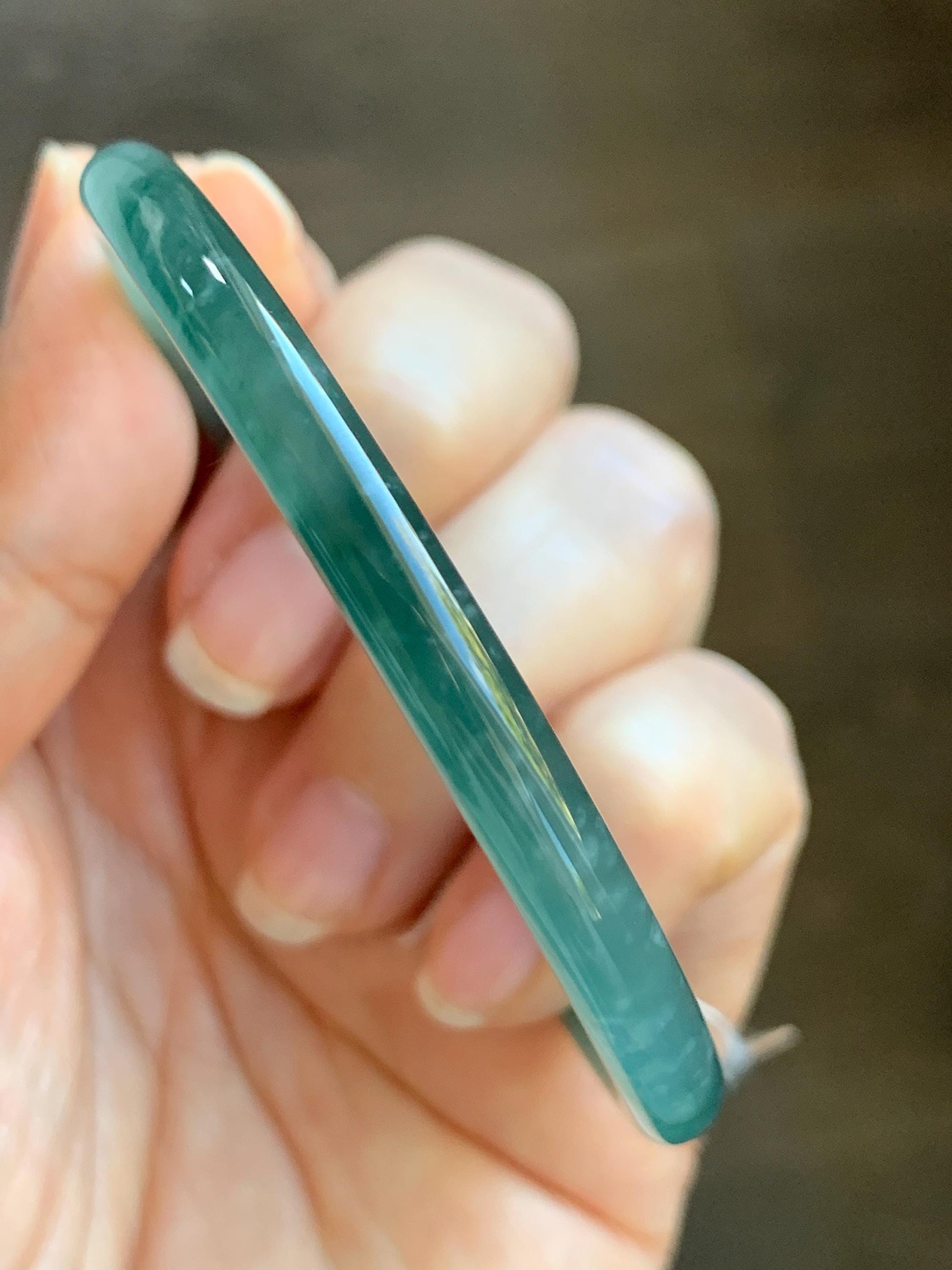 Certified Natural Grade A Guatemalan Icy Translucent Dark Teal Blue Jade Jadeite Slim Bangle Bracelet 55.78mm 6.89” 天然冰危深蓝绿翡翠细圆条手镯 073