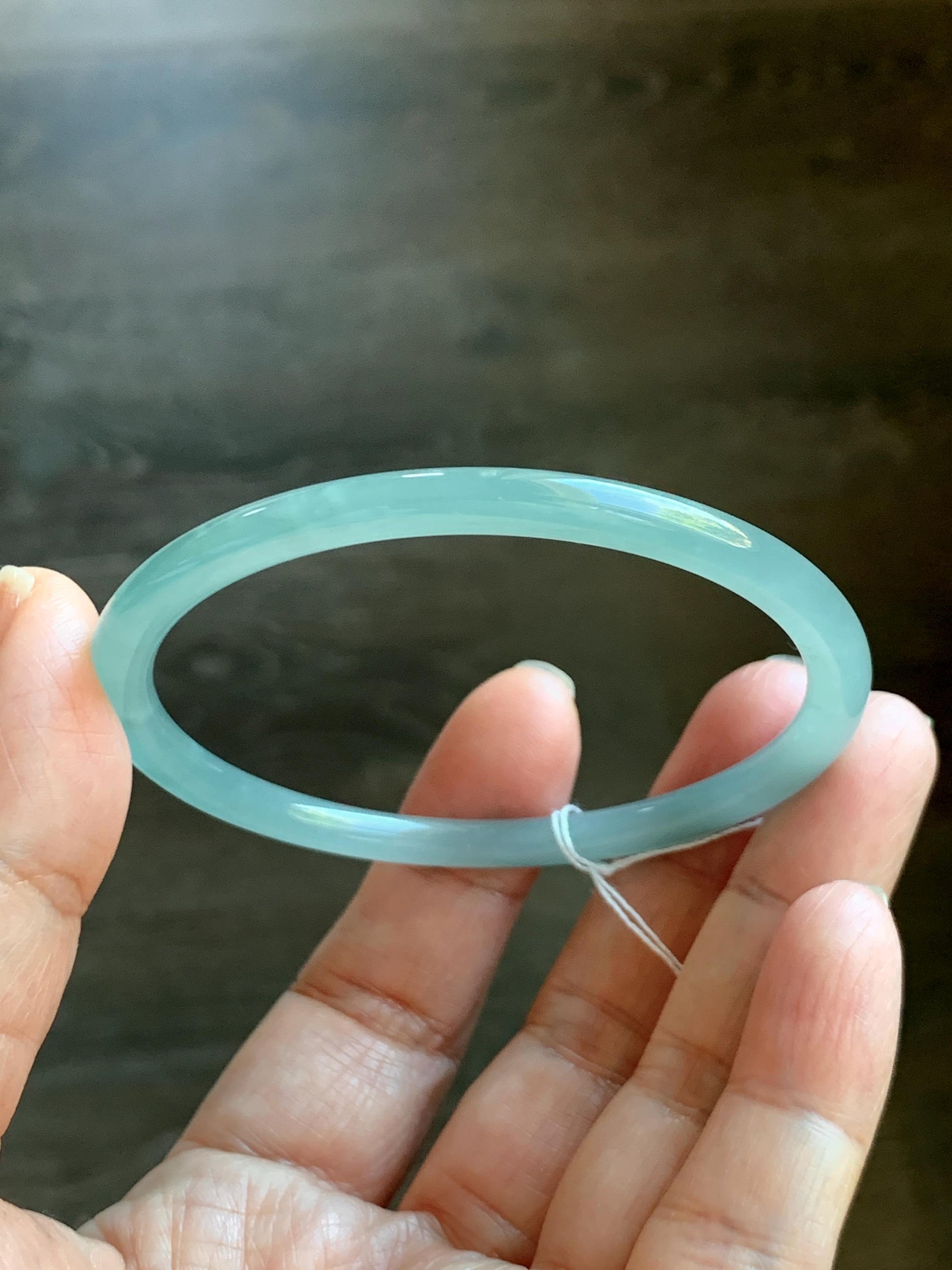 Certified Natural Grade A Guatemalan Icy Translucent Light Dusty Teal Blue Jade Jadeite Bangle Bracelet 57.67mm 7.13" 天然冰危浅蓝绿翡翠圆条手镯 079