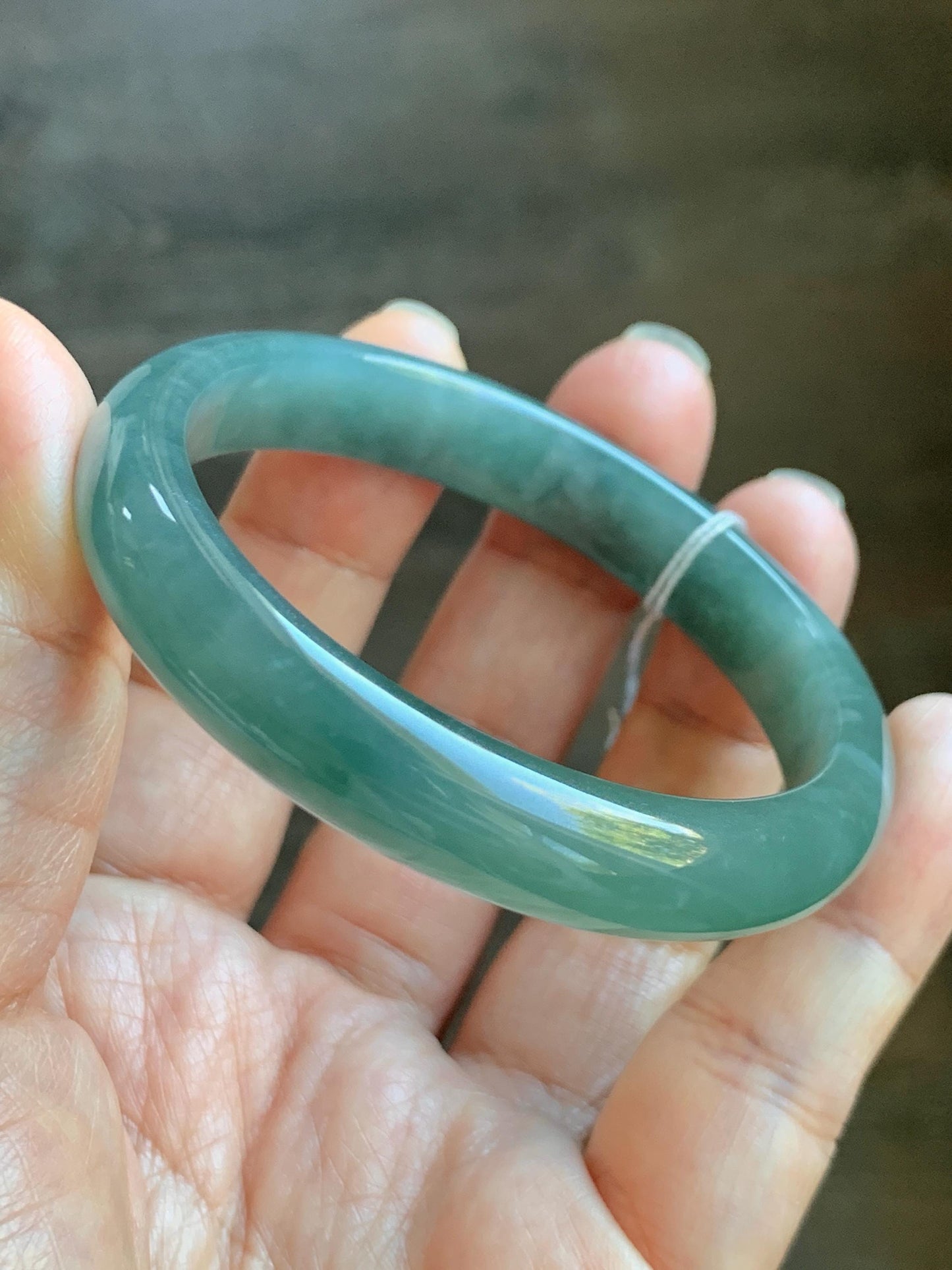 Certified Natural Grade A Guatemalan Icy Translucent Dark Teal Green Jade Jadeite Wide Bangle 53.39mm 6.6” 34.52g 天然冰危蓝绿翡翠正圈宽版手镯 069
