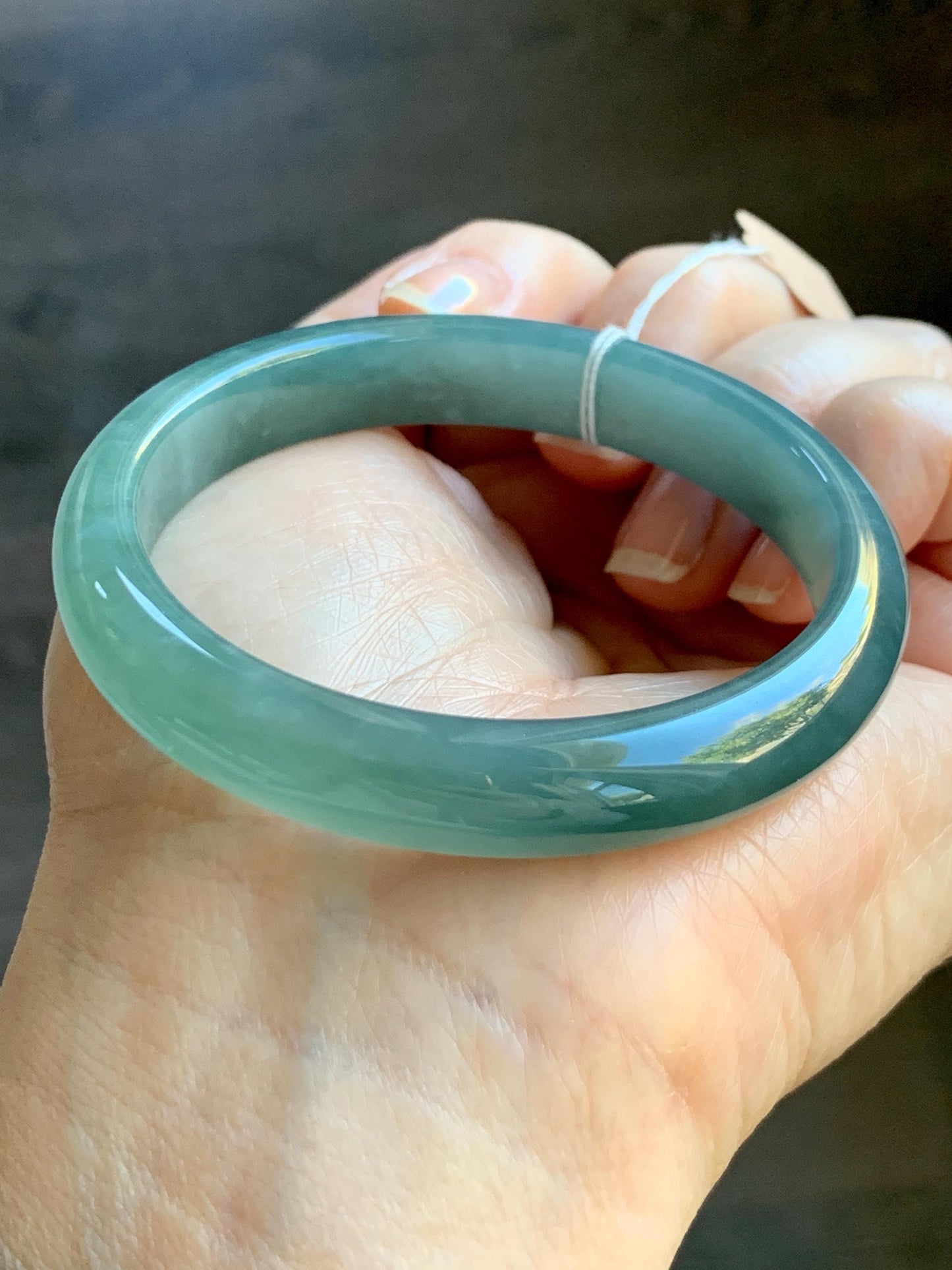 Certified Natural Grade A Guatemalan Icy Translucent Dark Teal Green Jade Jadeite Wide Bangle 53.39mm 6.6” 34.52g 天然冰危蓝绿翡翠正圈宽版手镯 069