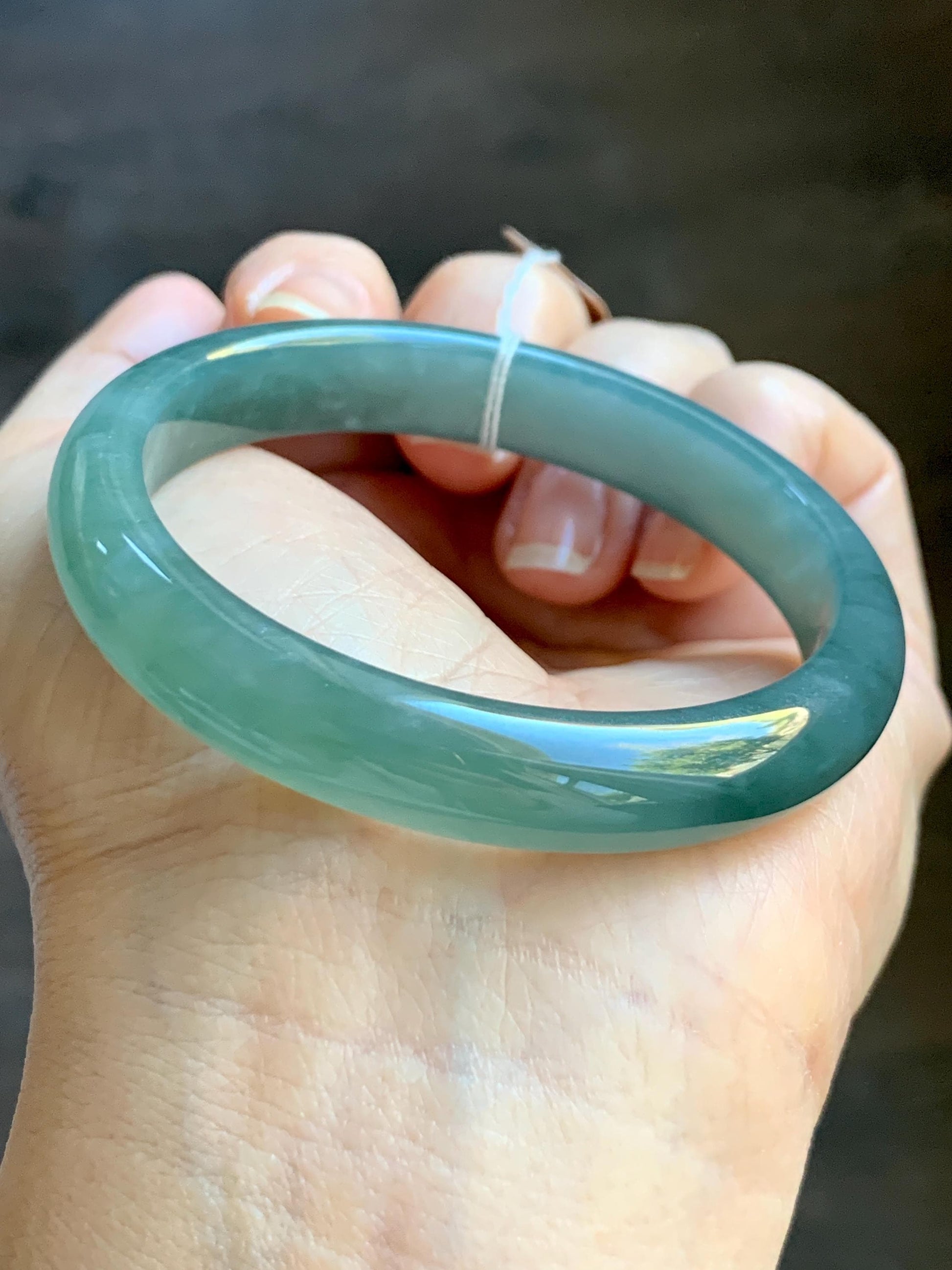 Certified Natural Grade A Guatemalan Icy Translucent Dark Teal Green Jade Jadeite Wide Bangle 53.39mm 6.6” 34.52g 天然冰危蓝绿翡翠正圈宽版手镯 069