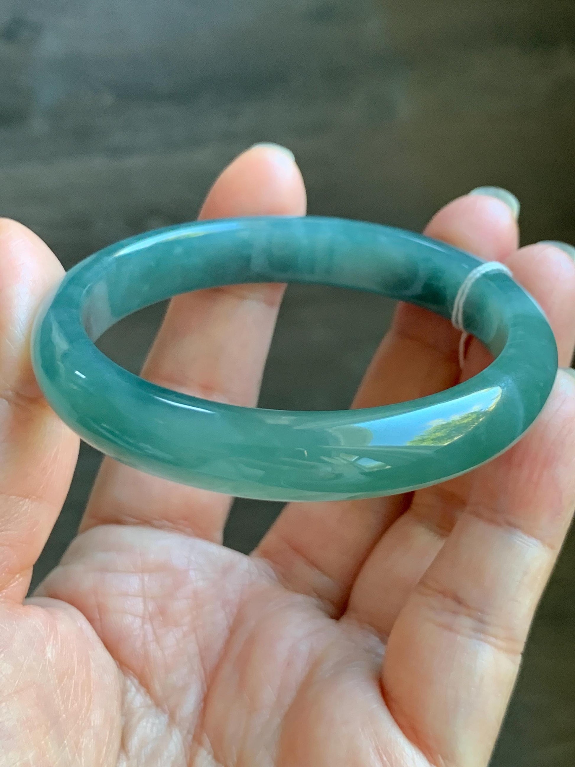 Certified Natural Grade A Guatemalan Icy Translucent Dark Teal Green Jade Jadeite Wide Bangle 53.39mm 6.6” 34.52g 天然冰危蓝绿翡翠正圈宽版手镯 069
