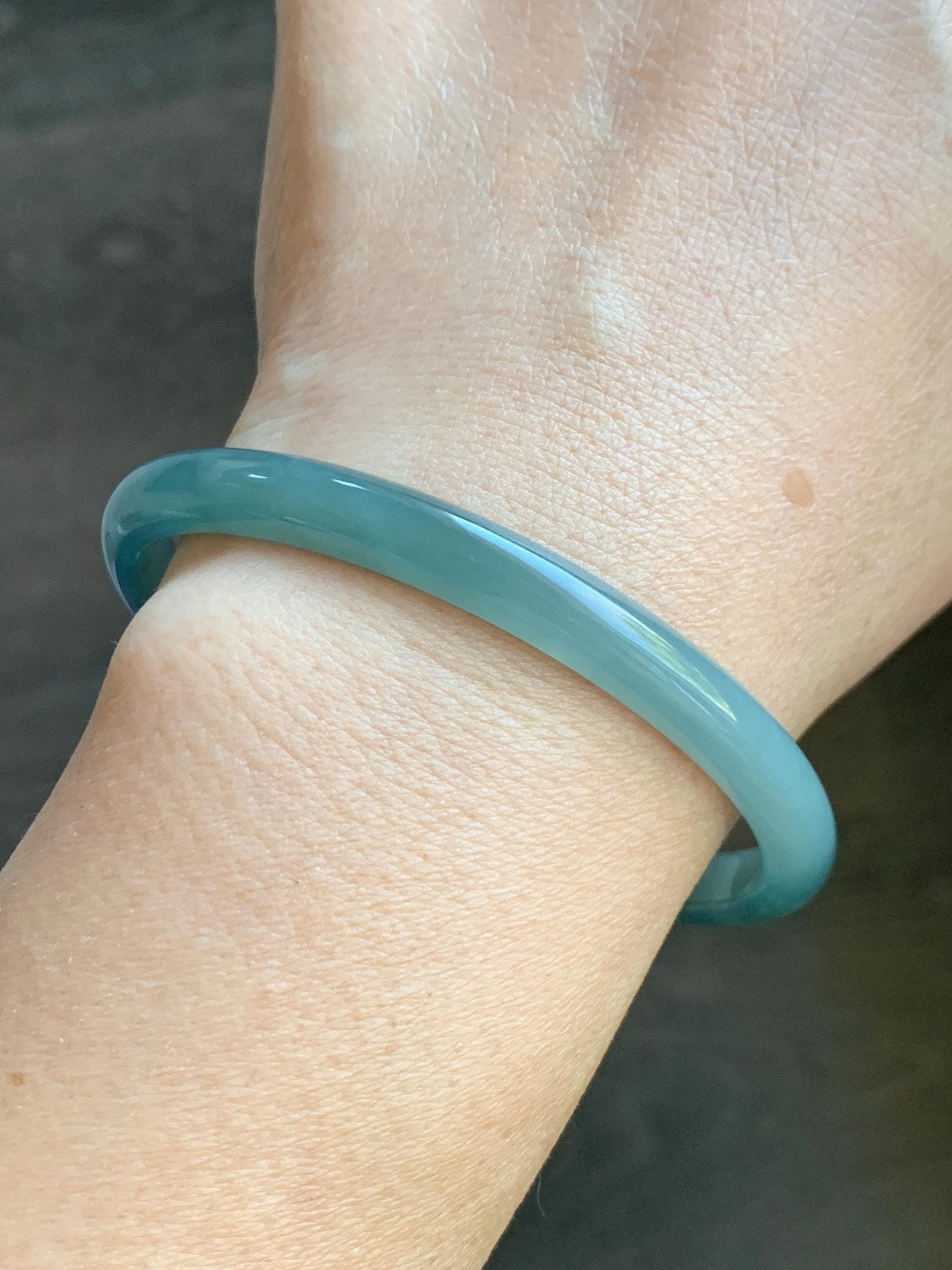 Certified Natural Grade A Guatemalan Icy Translucent Dark Dusty Teal & Green Marbled Jade Jadeite Bangle 61.69mm 7.62” 天然冰危蓝绿飘花翡翠手镯 075