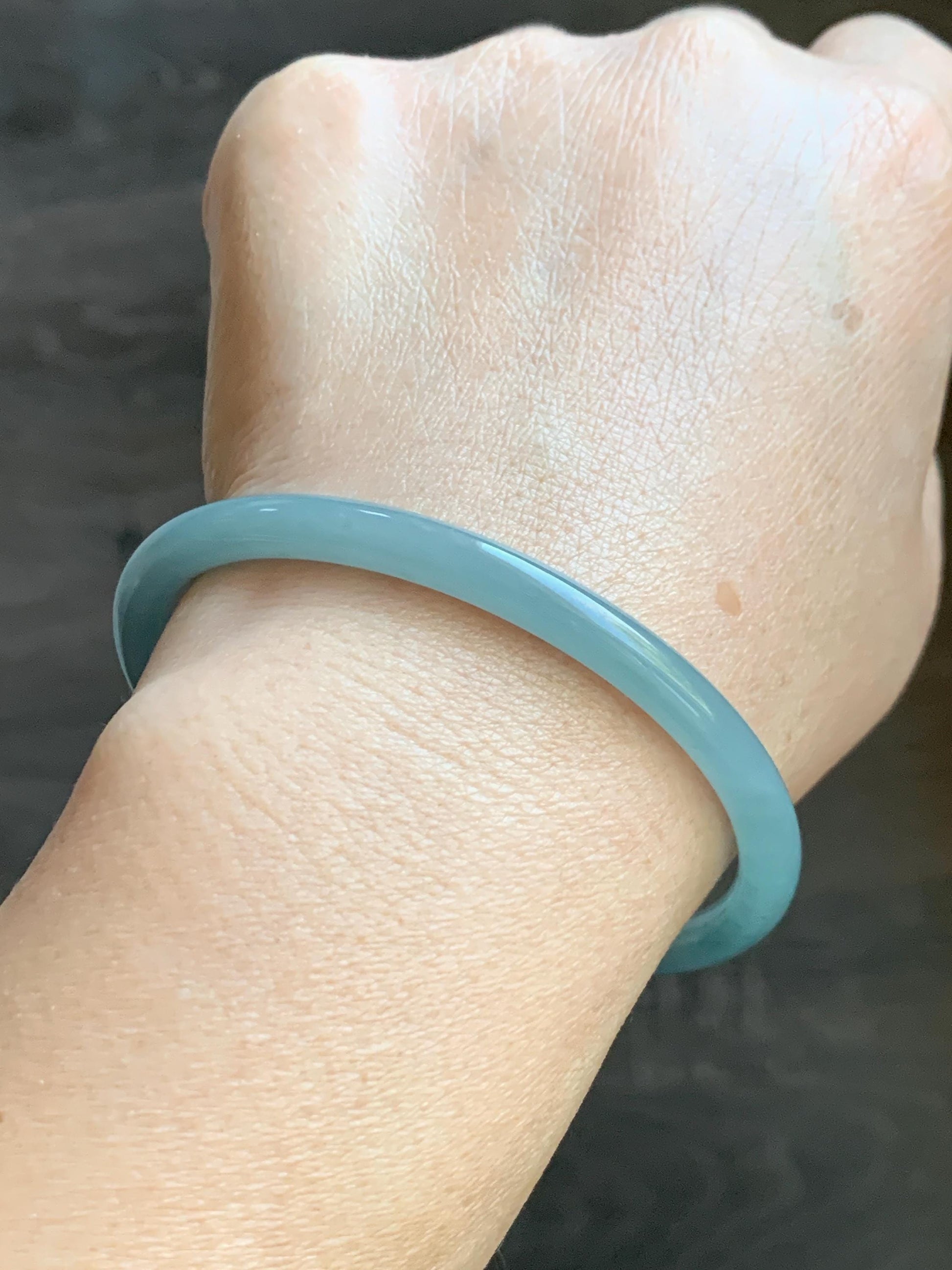 Certified Natural Grade A Guatemalan Icy Translucent Light Teal Blue Jade Jadeite Bangle Bracelet 60mm 7.43" 天然冰危浅蓝翡翠圆条手镯 077